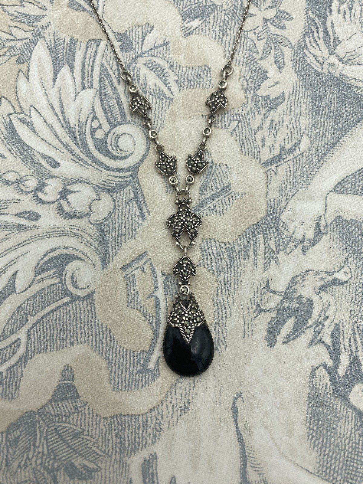 Vintage Sterling Silver Marcasite + Black Onyx Lariat Y Necklace 16L 8