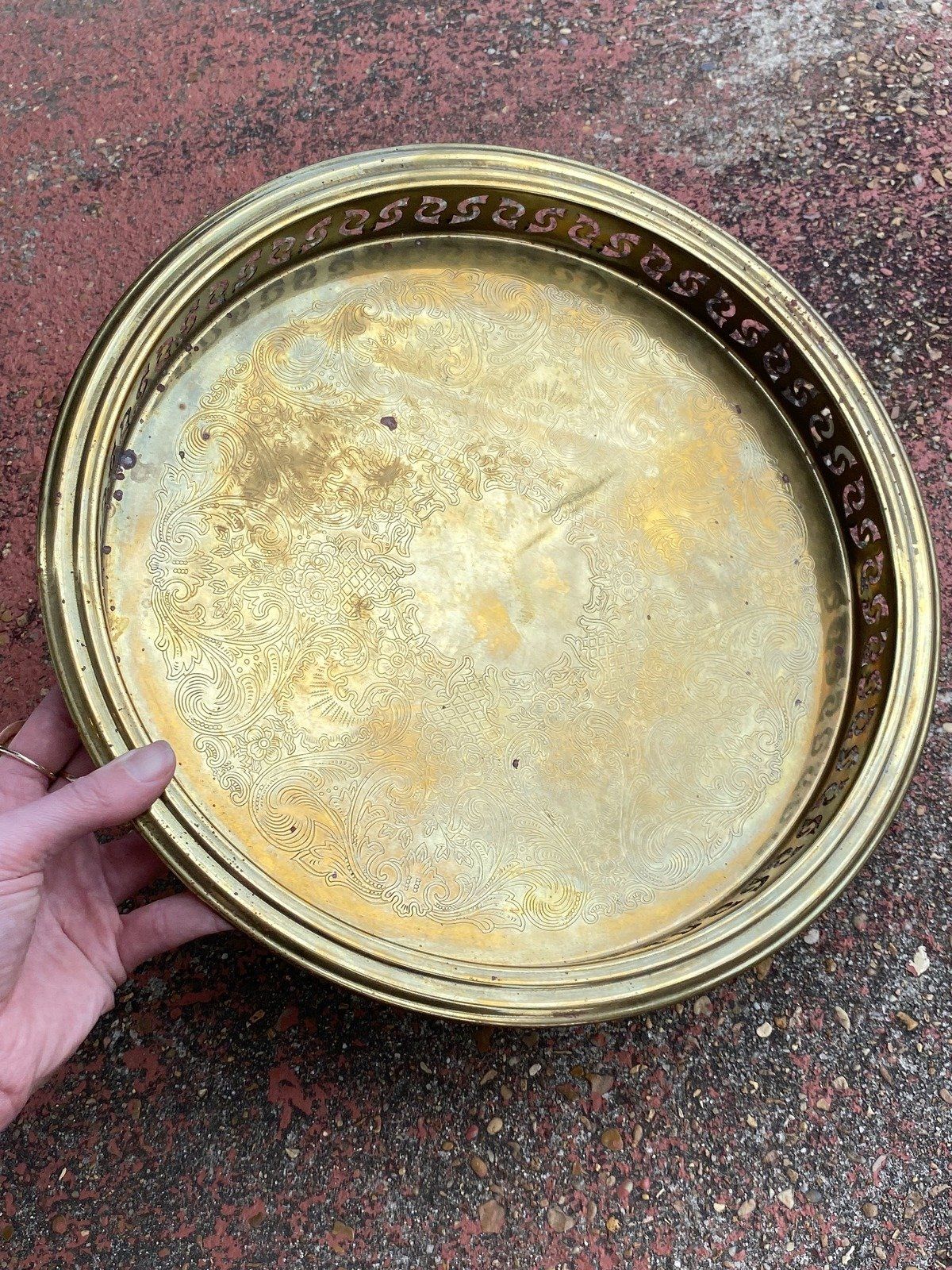 Circular Etched Brass Vintage Serving Tray w Reticulated Edge 2
