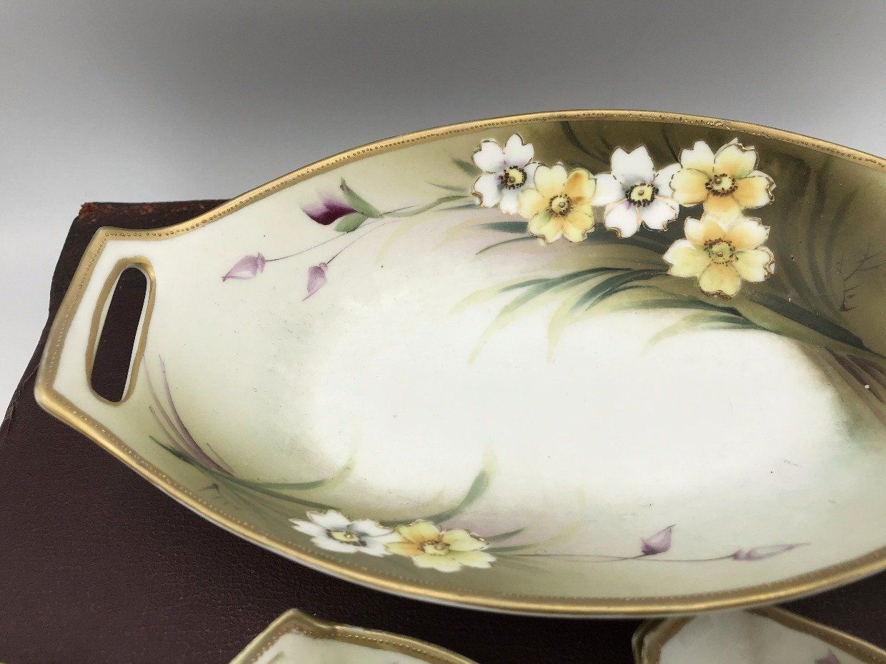 Nippon Hand Painted Celery Dish with 6 Matching Salt Dishes 3