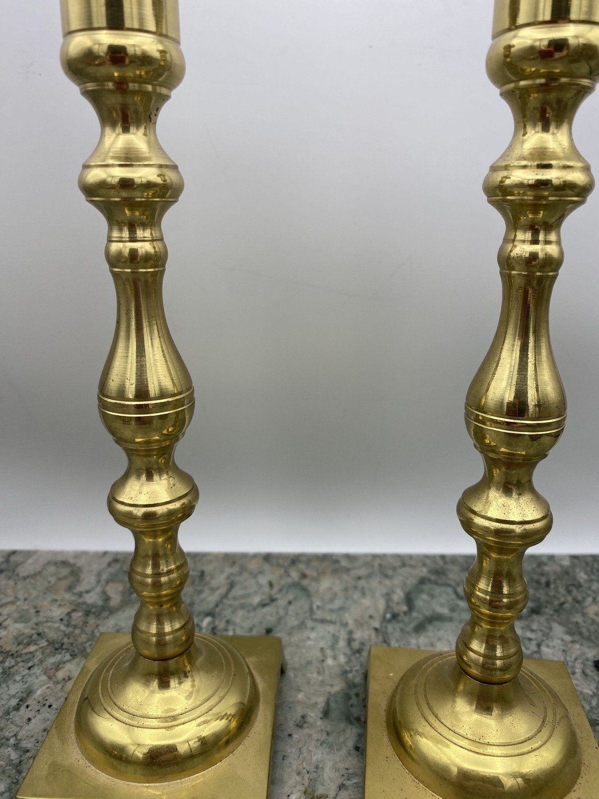 Pair of Shiny Clean Brass Candle Stick Holders w Square Base 4