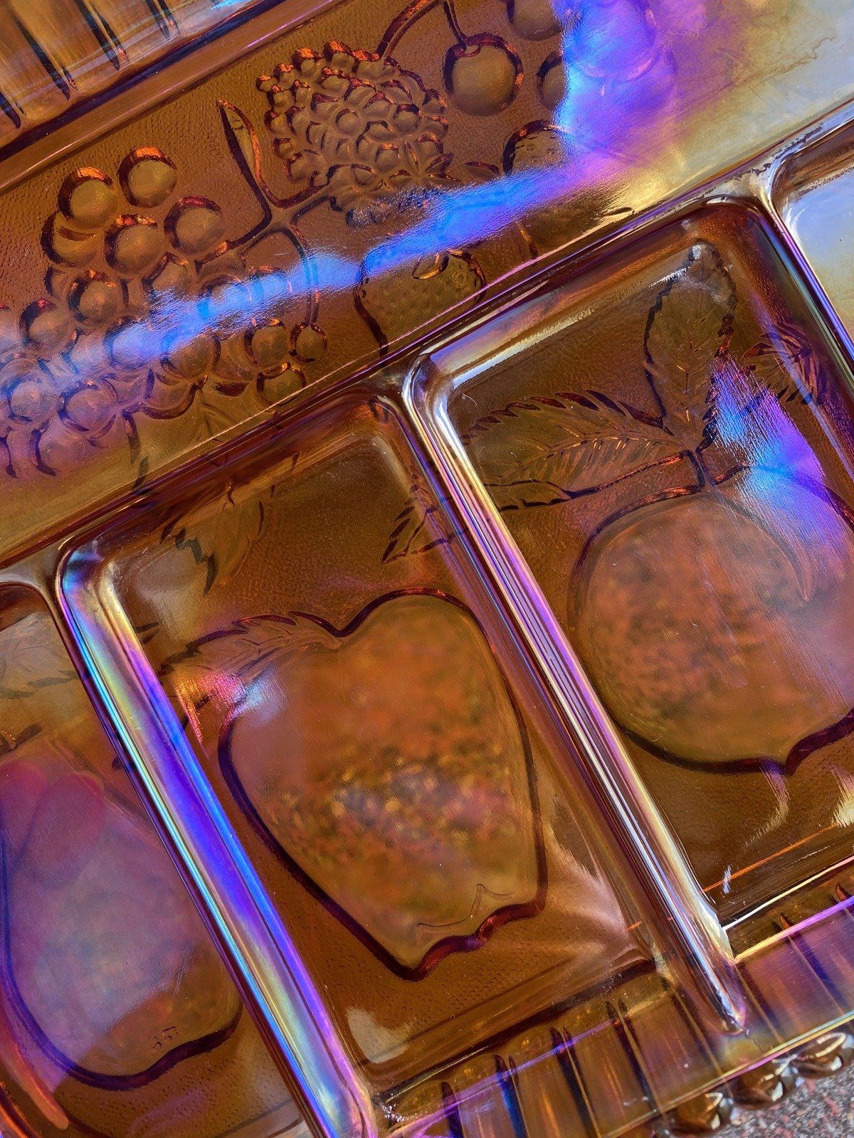 Vintage Marigold Pressed Fruit Motif Carnival Glass Divided Serving Dish 4