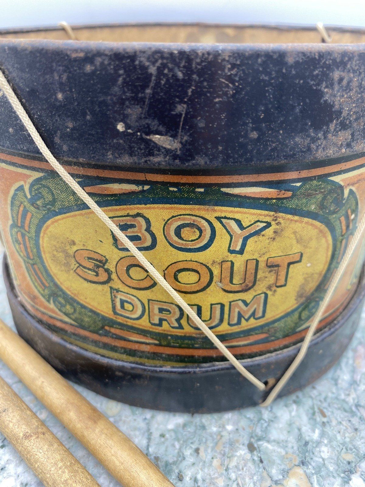 RARE Early 1900s Tin Patriotic Boy Scout Drum + Sticks PAT.c.1855 2