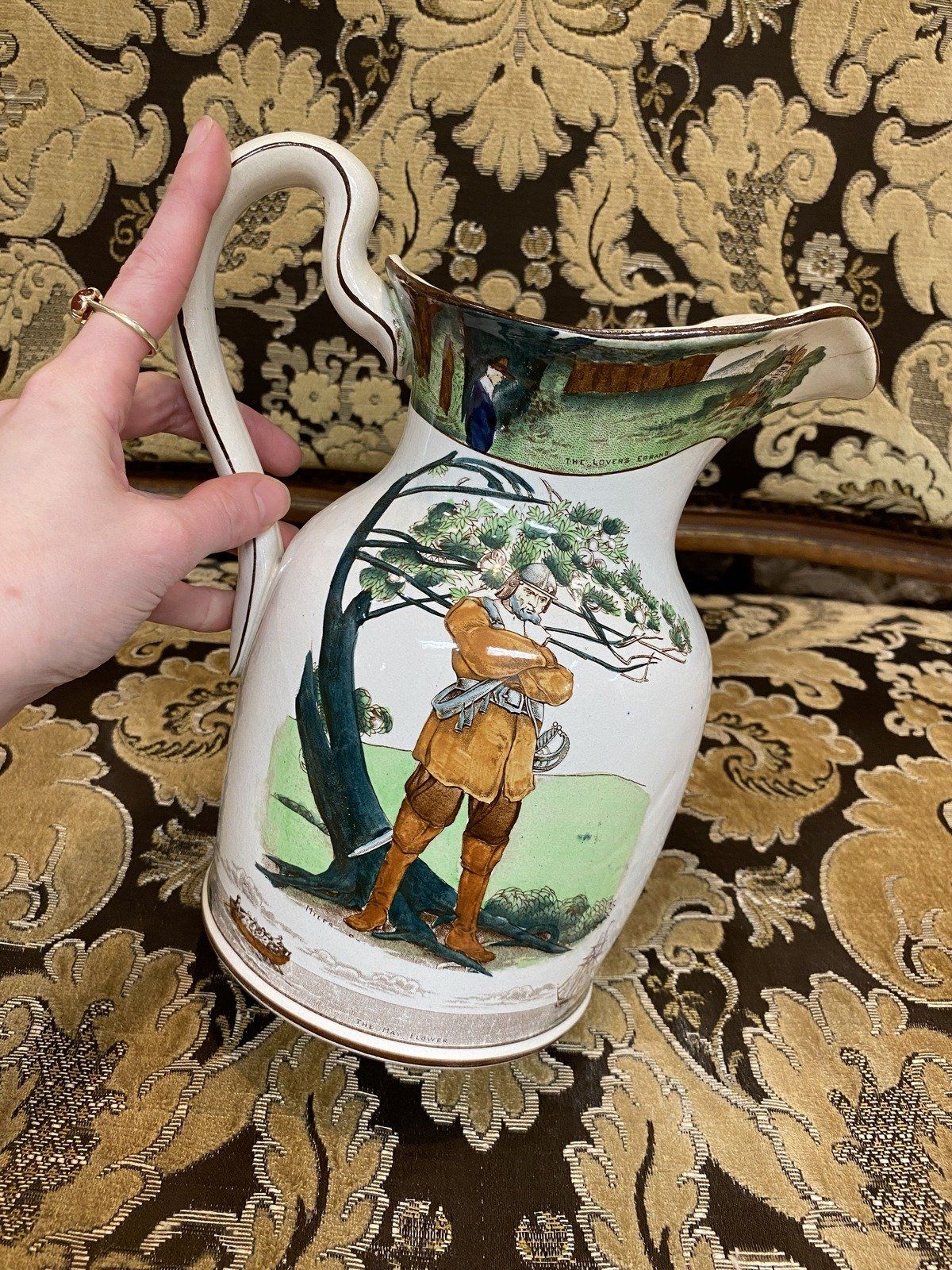 Antique c.1908 Ceramic Hand Painted Mayflower Pilgrimage Finely Detailed Buffalo Pottery Crock Milk Pitcher 7