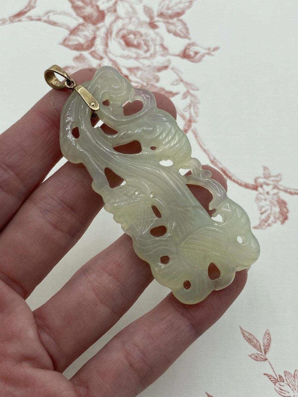 Chinese Fauna Carved Natural Jade Pendant w 14k Gold Bail 3