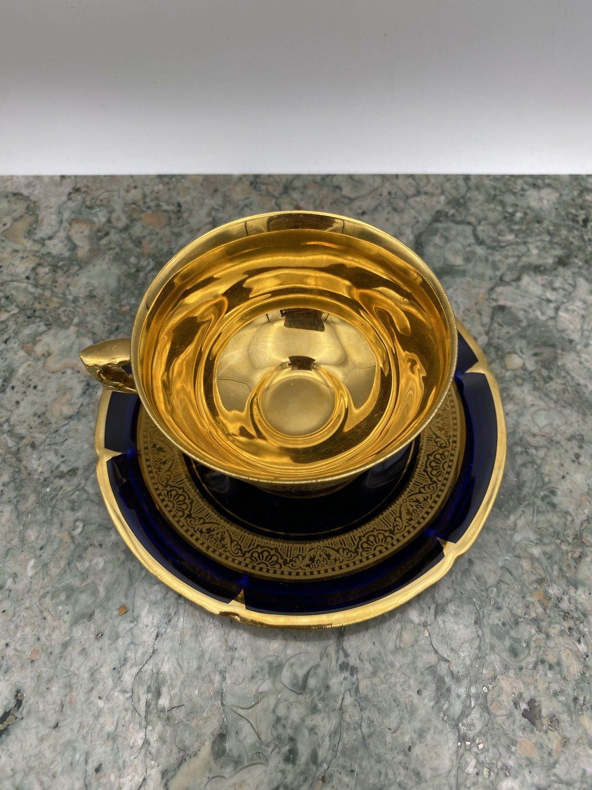 Legle Porcelaine d'Art Limoges French Cobalt + Gilt Demitasse Teacup + Saucer 5