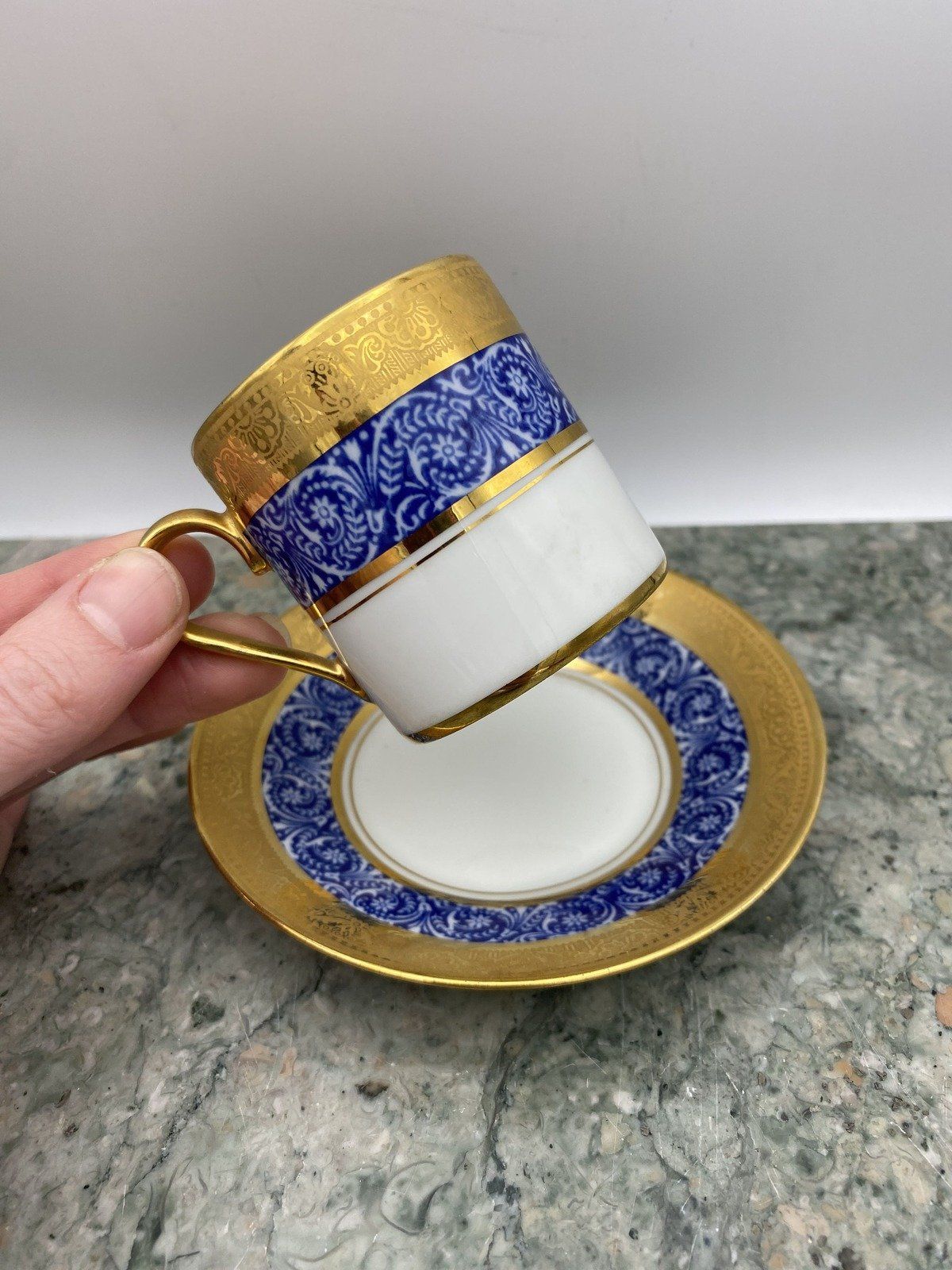 Legle Porcelaine d'Art Limoges French Flow Blue Acanthus + Gilt Demitasse Teacup + Saucer 2