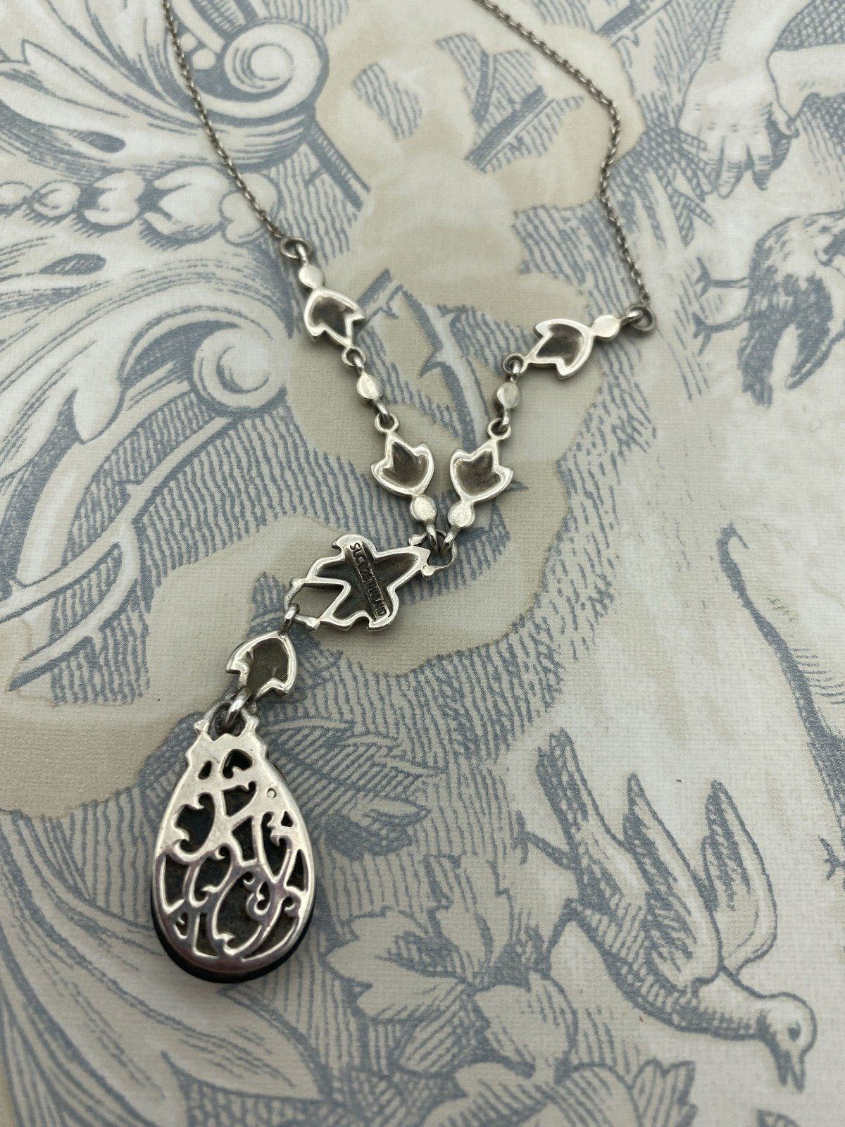 Vintage Sterling Silver Marcasite + Black Onyx Lariat Y Necklace 16L 5