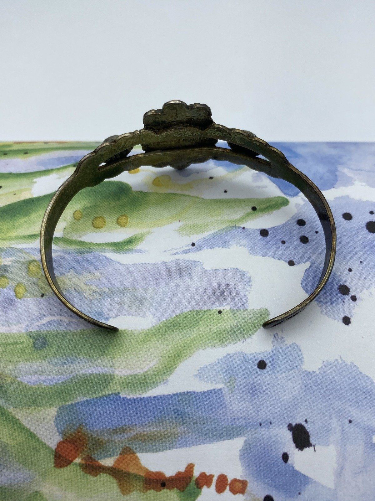 Vintage Sterling Silver Native Serpentine Jade Concho Bangle Cuff 3