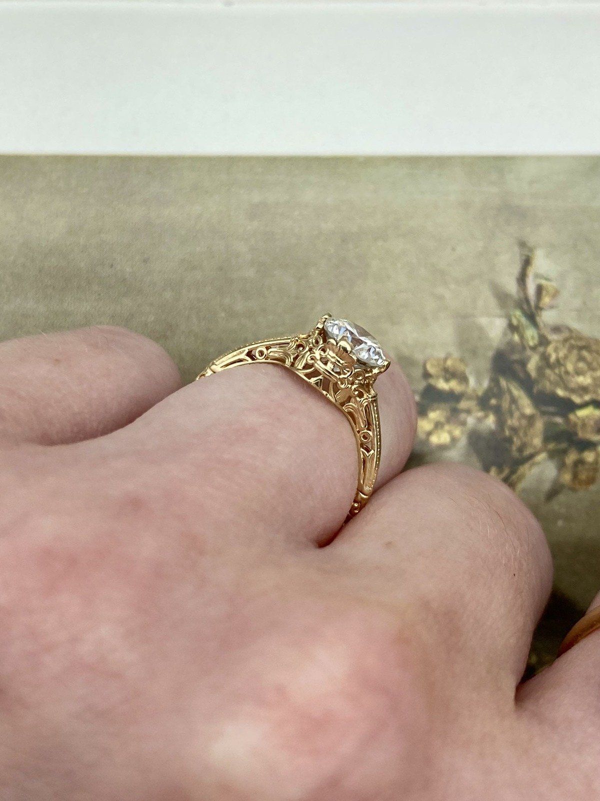 Stunning 14k Gold Antique Inspired 1ct Natural Solitaire Diamond Filigree Engagement Ring 12