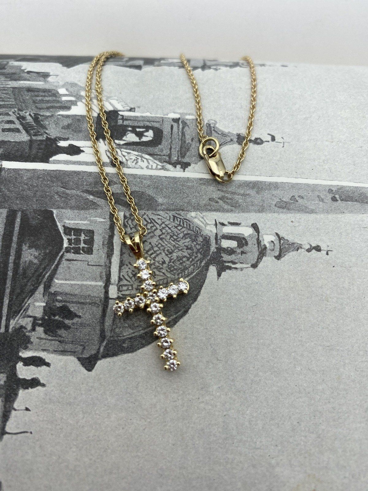 14k Gold Pave Set .80ctw Classic Diamond 1L Cross Drop Necklace 16L #3059 8