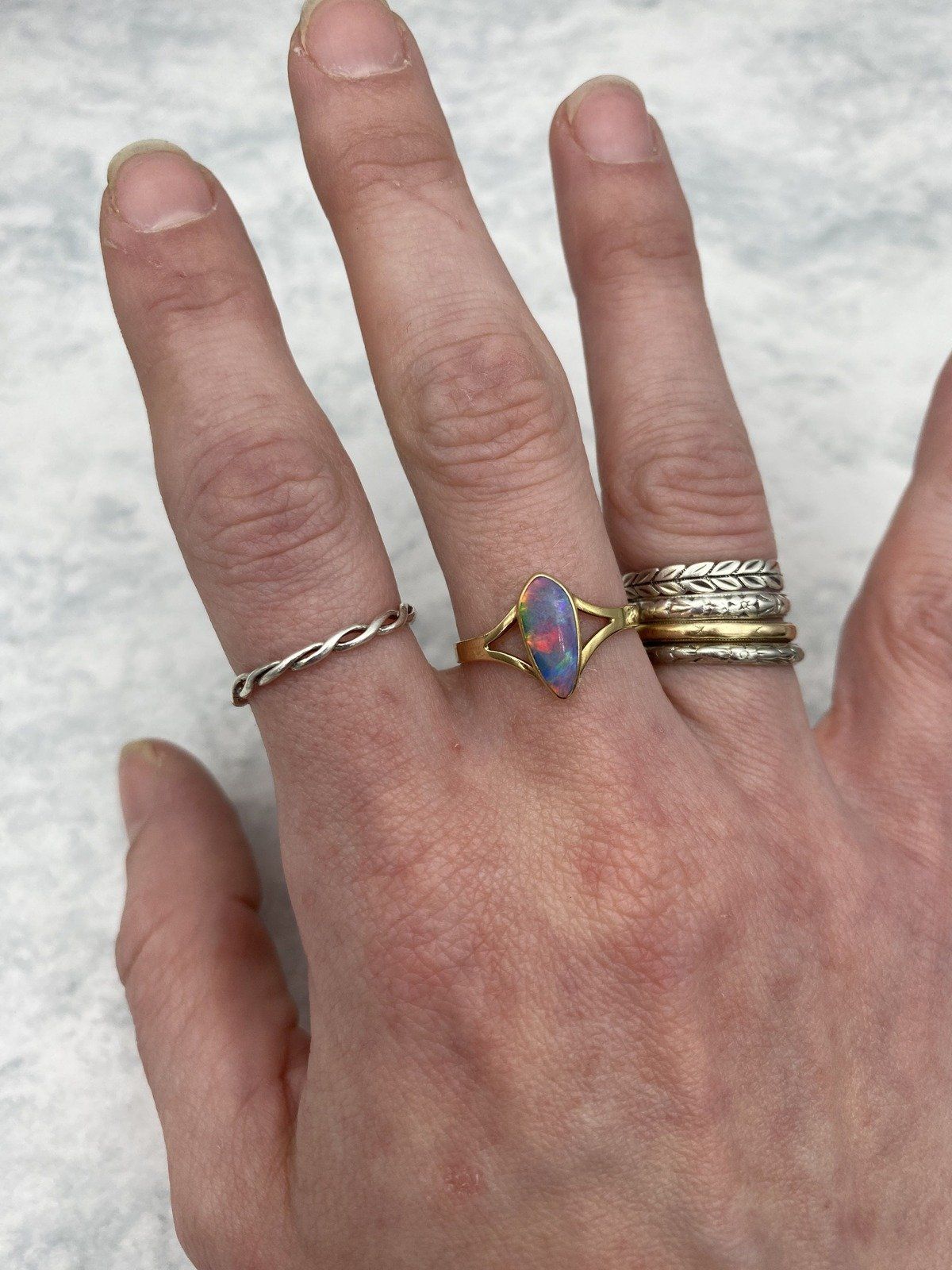 Lovely Narrow Pear 14k Gold Black Opal Ring w Lovely Fire + Split Shoulder Design 12