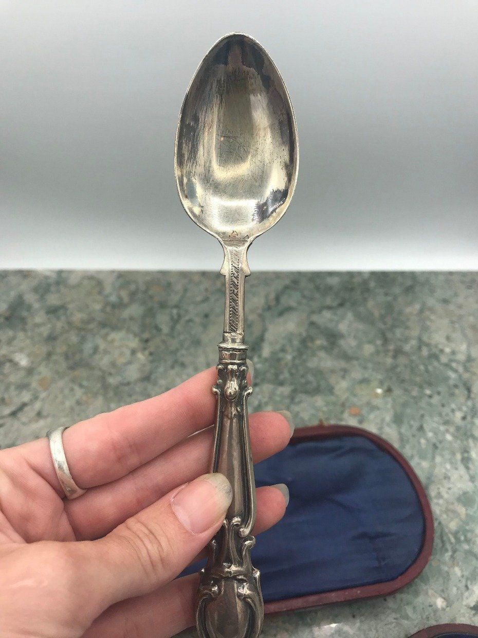 Antique Edwardian English Made Ornate Sterling Silver Christening 3pc Cutlery Set in Orig. Box 5
