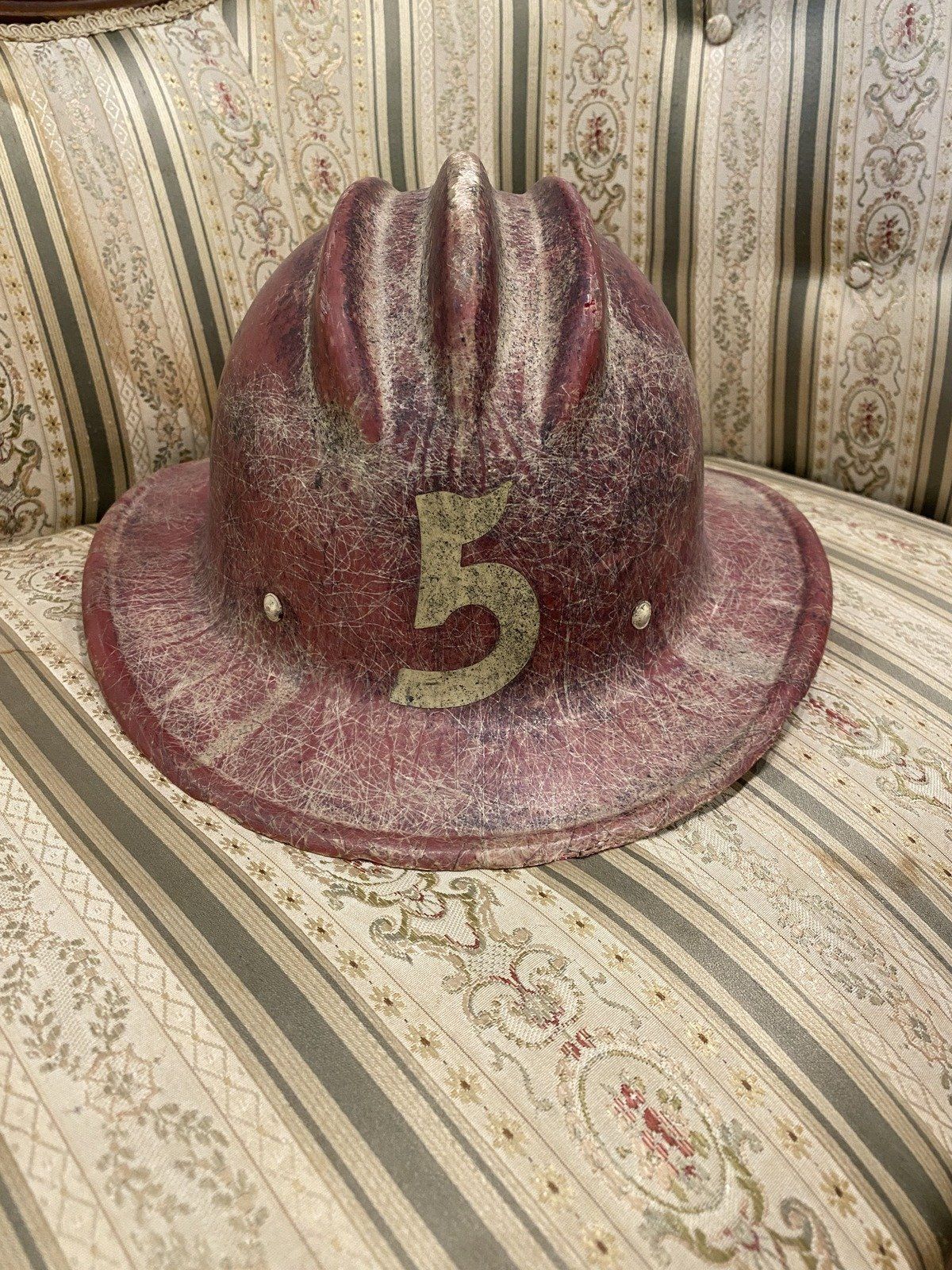Vintage c.1970s/80s Red No.5 Fiberglass Fire Fighter Helmet w Personalized Interior Rim 5