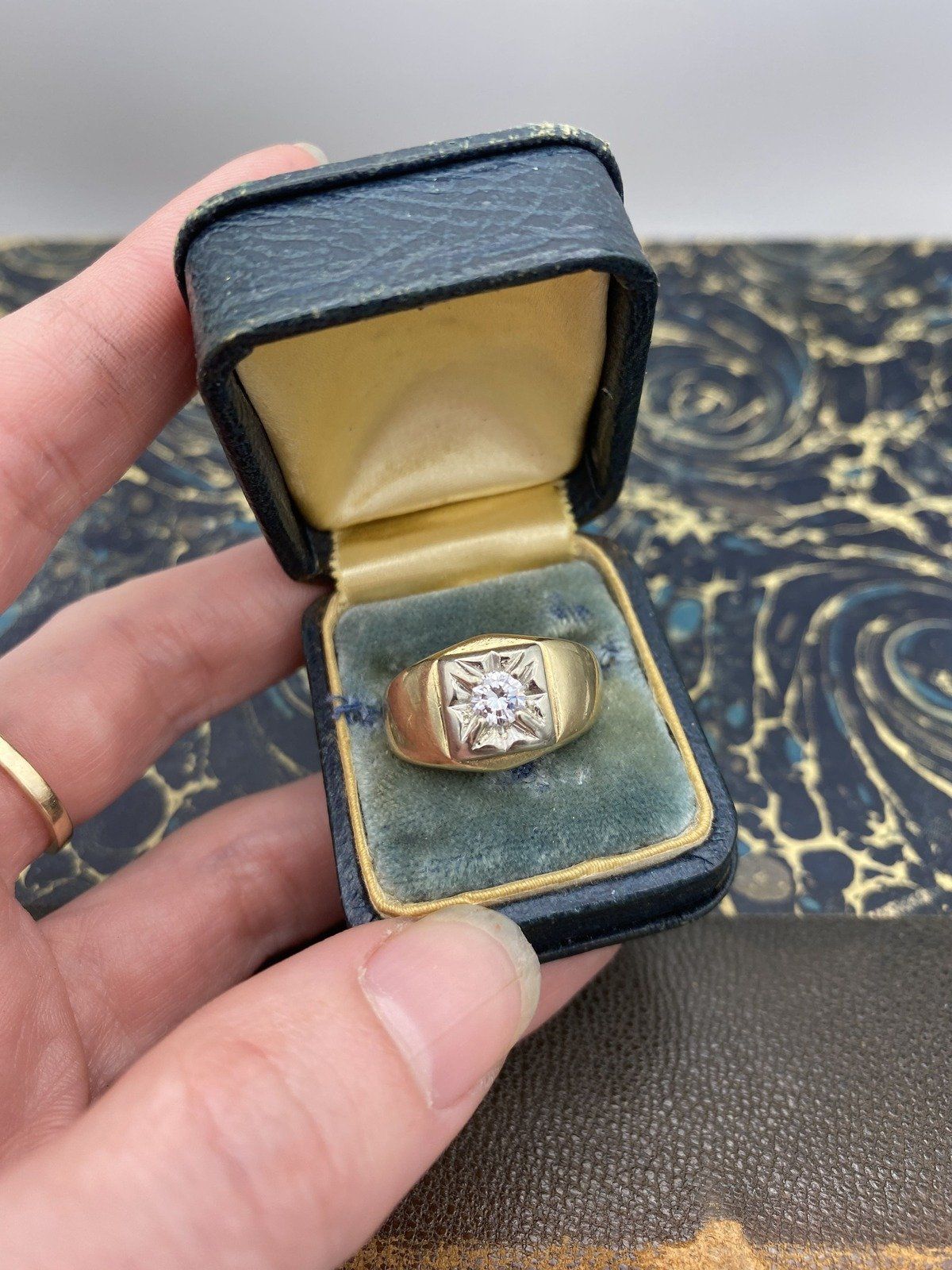 Men's Vintage 14k Gold .40ct Diamond Wedding Ring w White Gold Squared Inset 2
