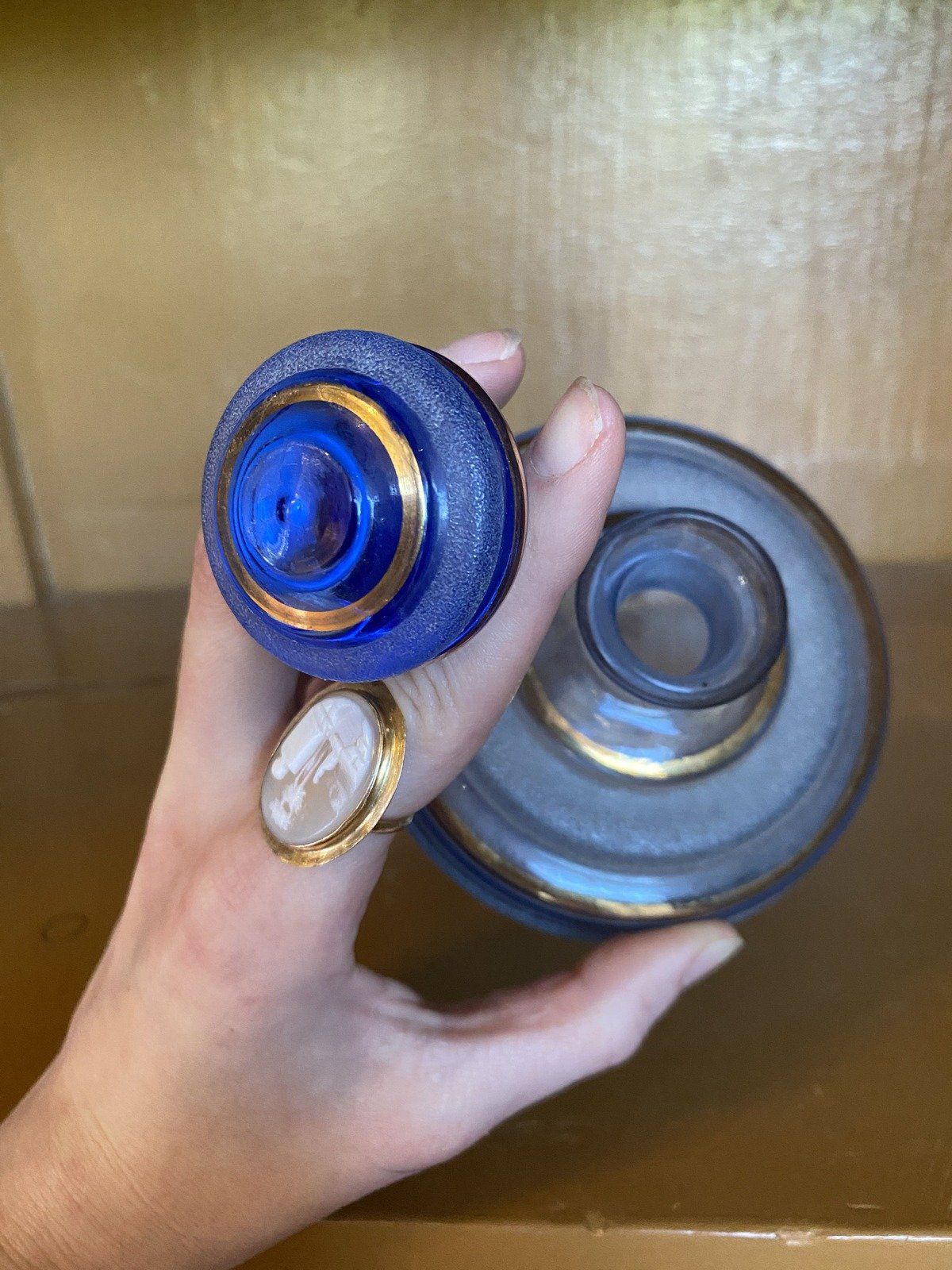 c.1950s Czech Blue Glass Perfume Bottle w Gold Circular Motif 5