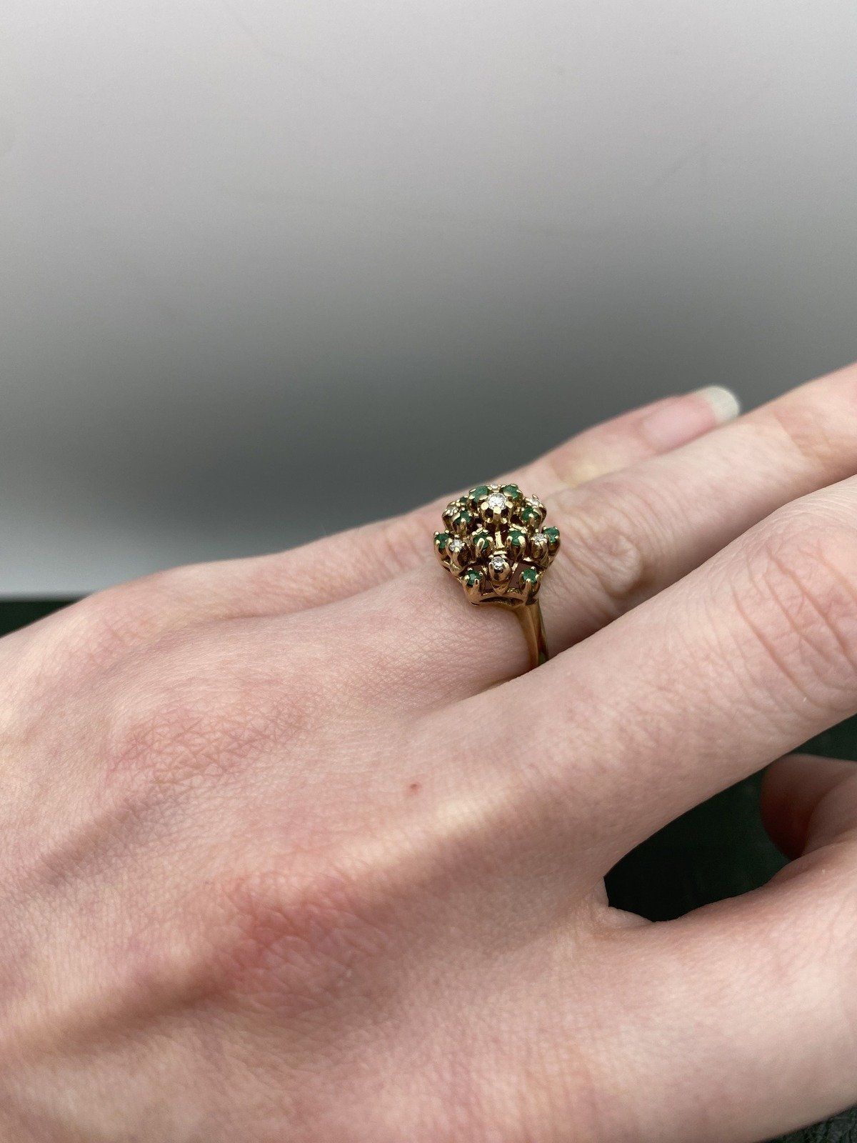 Vintage 10k Gold Emerald + Diamond Cathedral Ring #2461 8