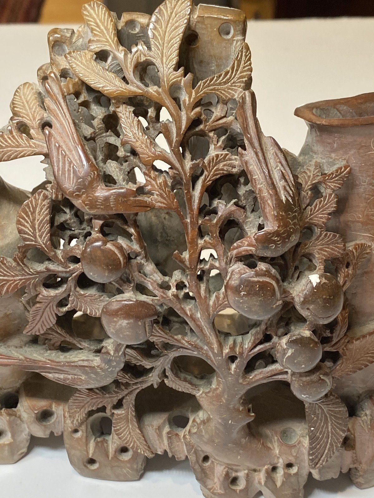 Antique Chinese Soapstone Dual Vase Carving in Relief 9