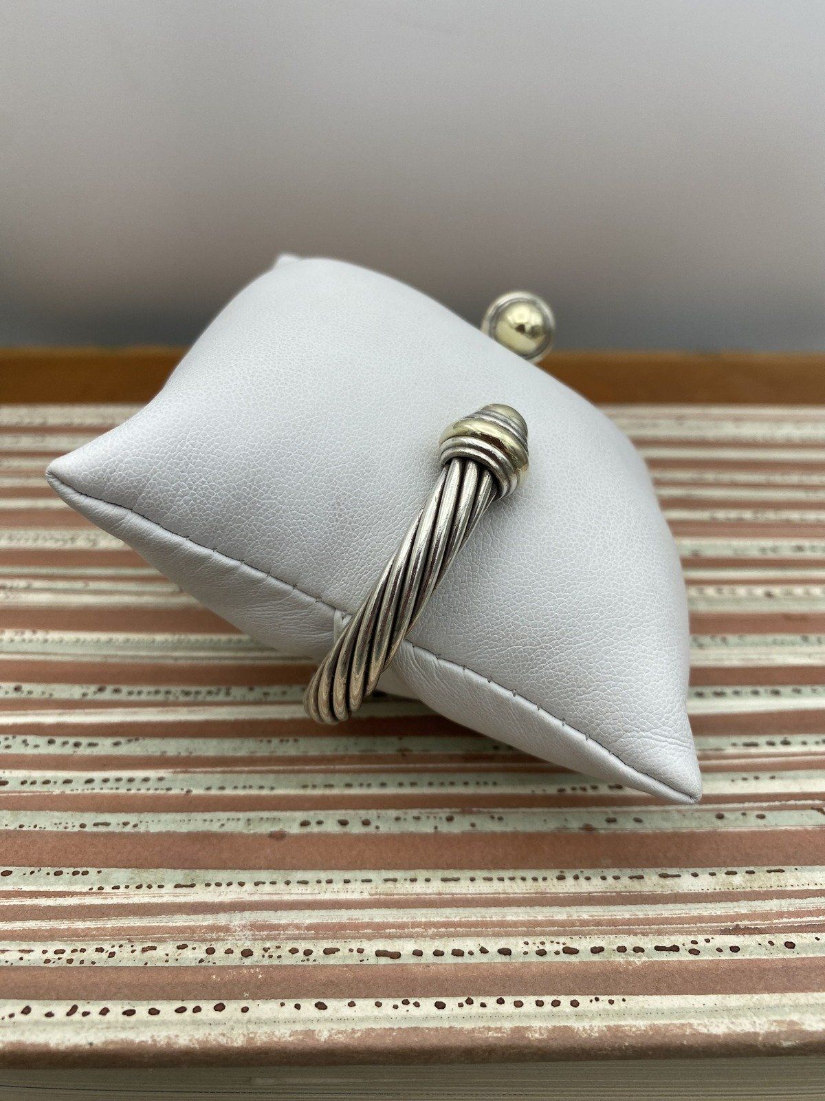 David Yurman Sterling Silver + 14k 8mm Classic Cable Twist Bangle Bracelet w Gold Finials 6.75 4