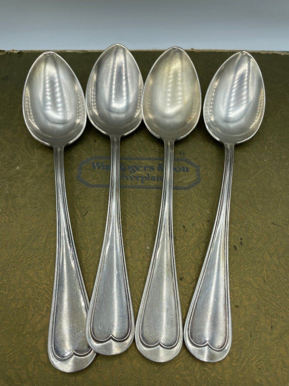 Set of 8 Weighty Antique Fiddle Back Silver Plated Colossal Fork + Spoon 6
