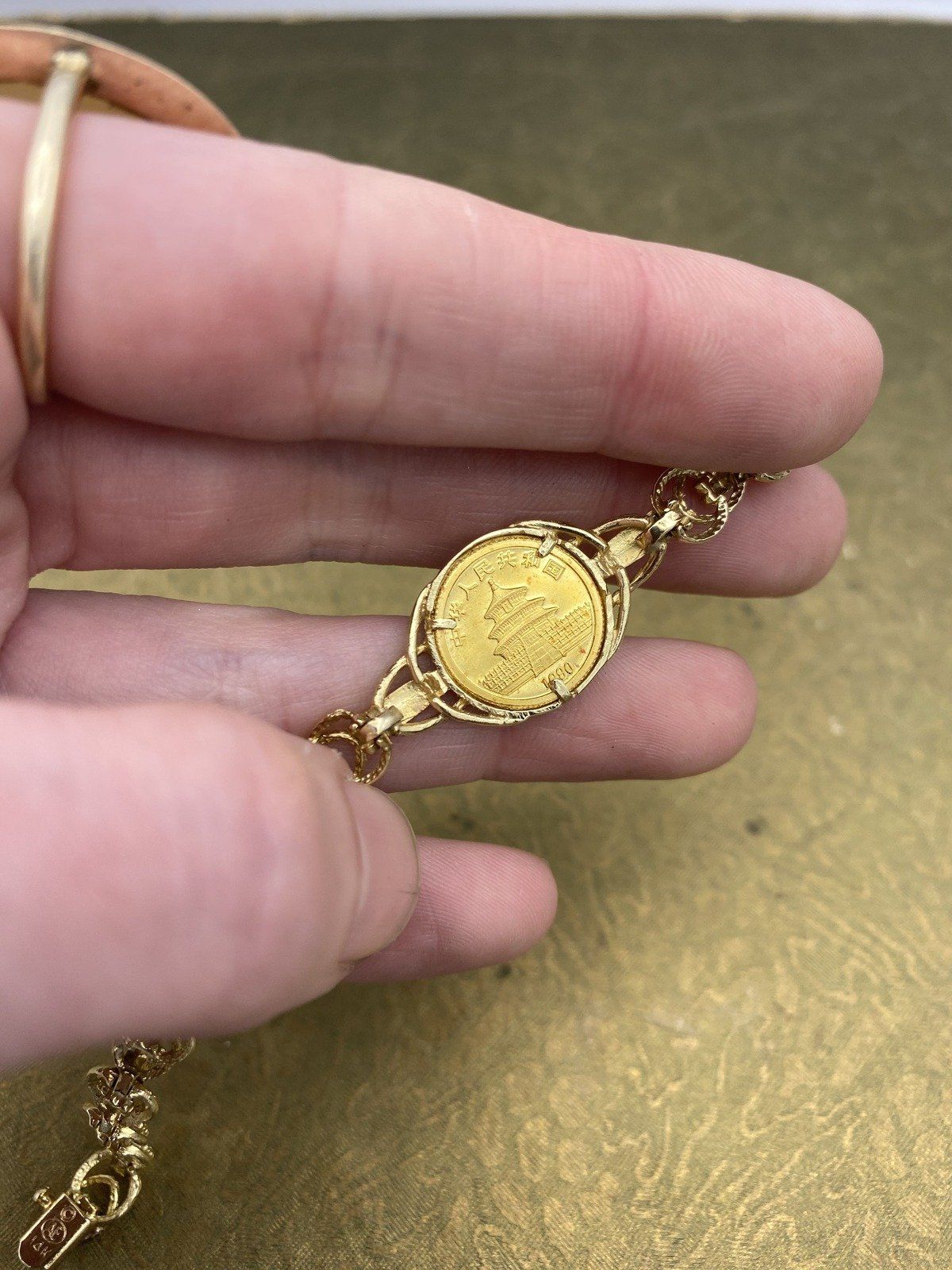 24K Gold Chinese Panda 1/10 oz Coin Bracelet with 14K Chain. 7.25L 4
