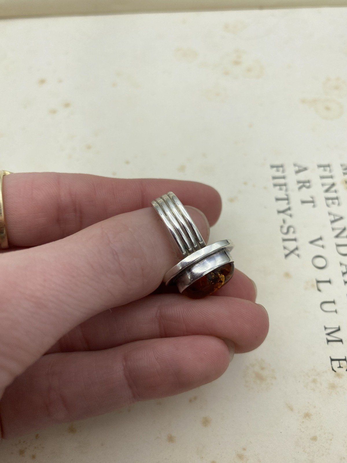 Sterling Silver NV Made Amber Ring w Stacked Wide Band 4