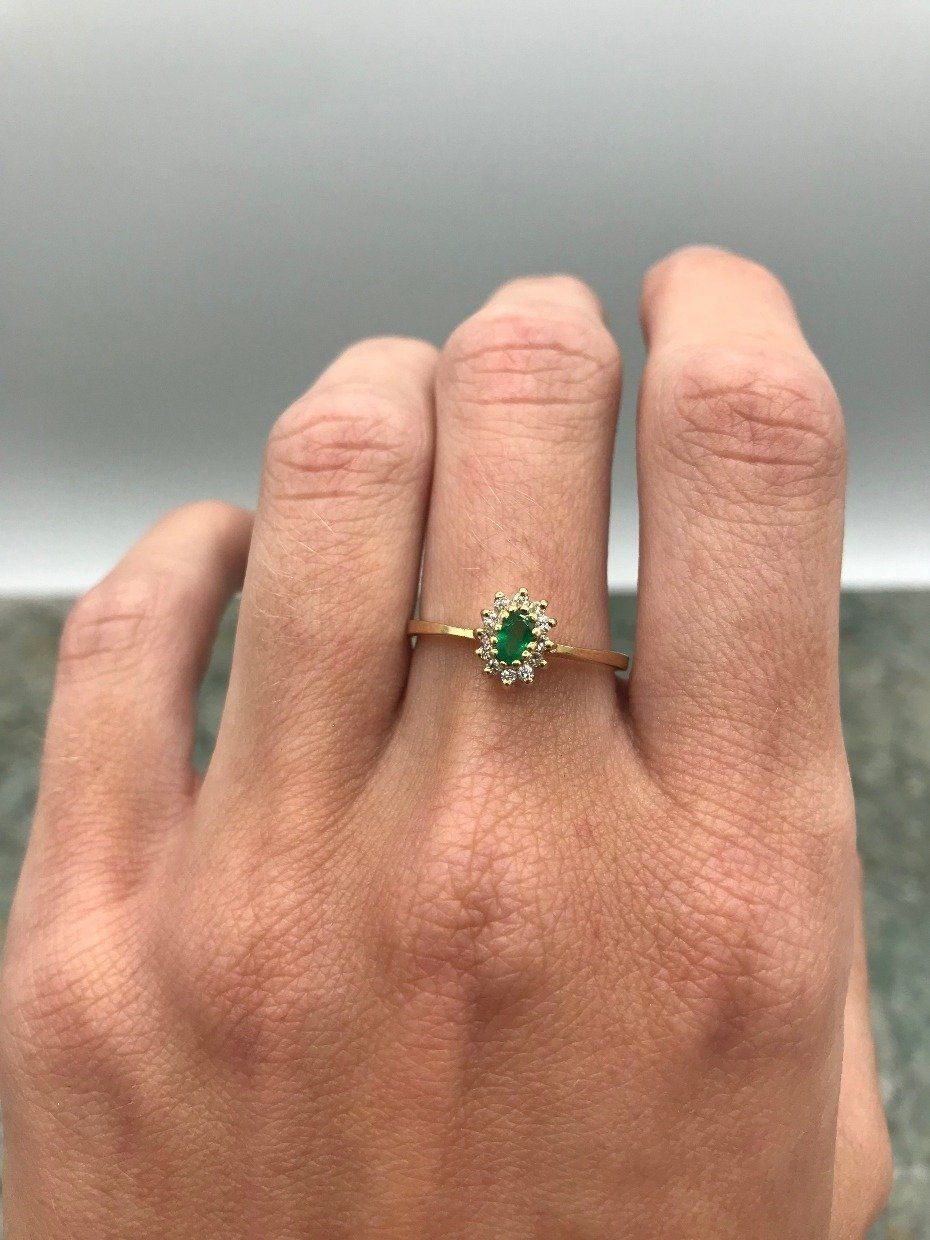 14k Gold Natural Emerald + Diamond Crowned Ring 4