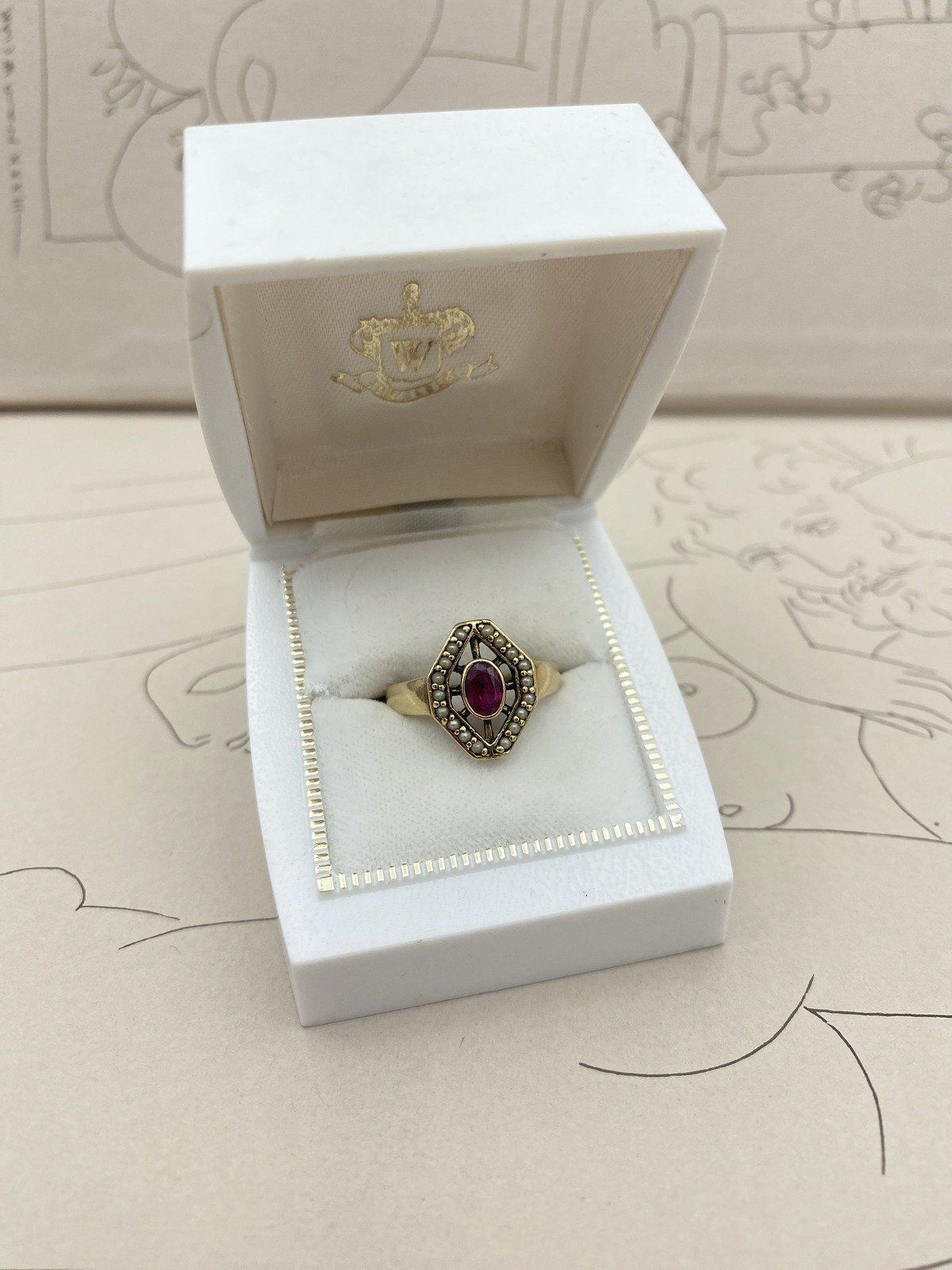 Antique 10k Gold Trapezoid Seed Pearl + Bezel Oval Ruby Navette Ring #2937 5