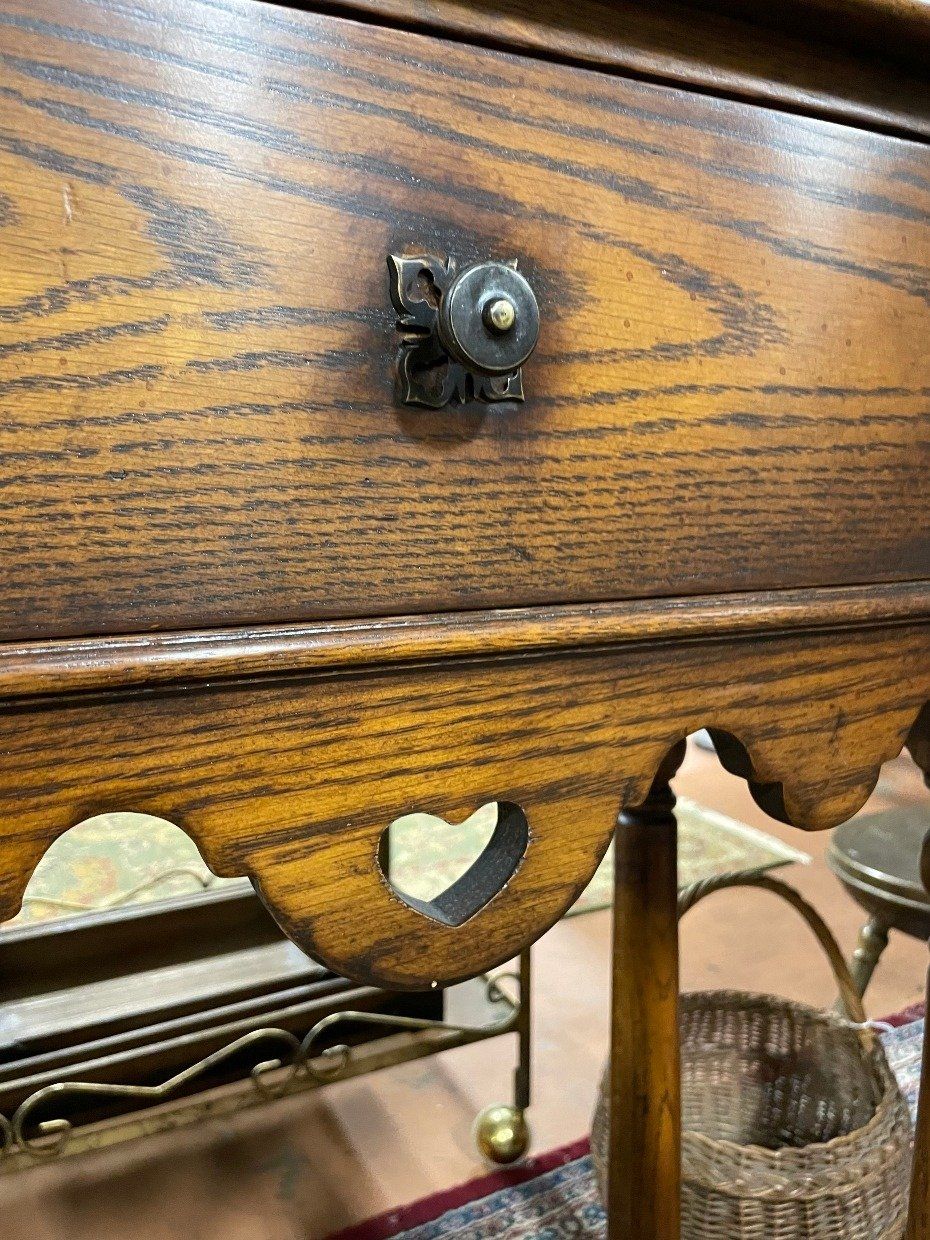 Antique Reproduction Oak Console Table w Heart Details 2