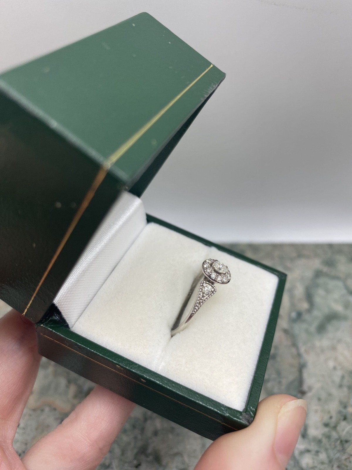 Dainty 10k White Gold Modern Oval Cut Center Diamond Halo Ring w Flared Diamond Shoulders 3