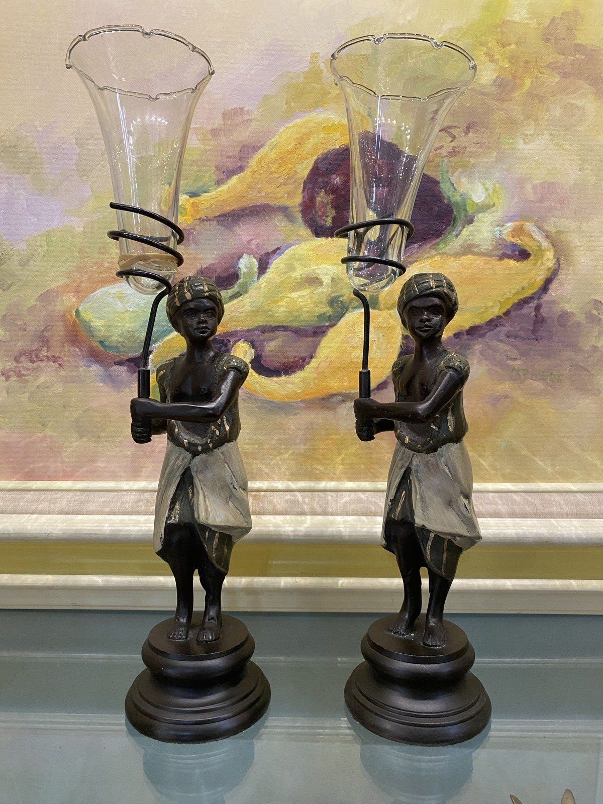Pair of Reproduction Cold Bronze Style Figural Candle Votive Stands + Glass Inserts