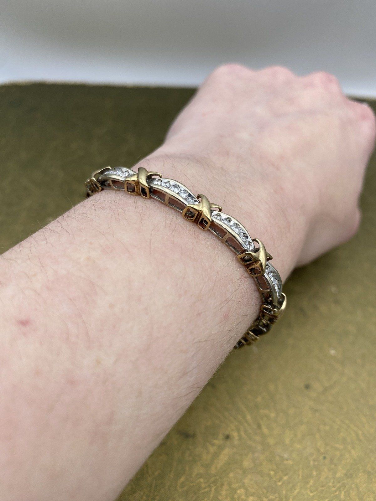 10k Dual Gold Channel Set Diamond Tennis Bracelet w Intersection Cross Link 6.5L #2580 10