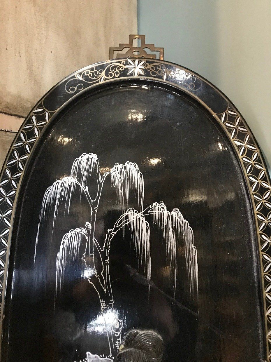 Large Blk Lacquer + Mother of Pearl Japanese Lady in Garden Wall Hanger 3