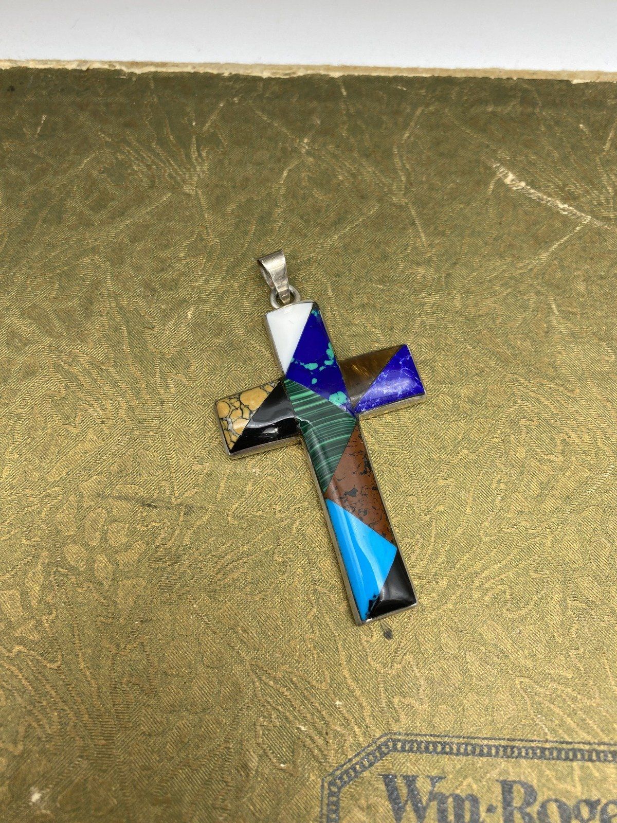 Large Sterling Silver Mexico Natural Gemstone Inlaid Sleek Cross Pendant 7