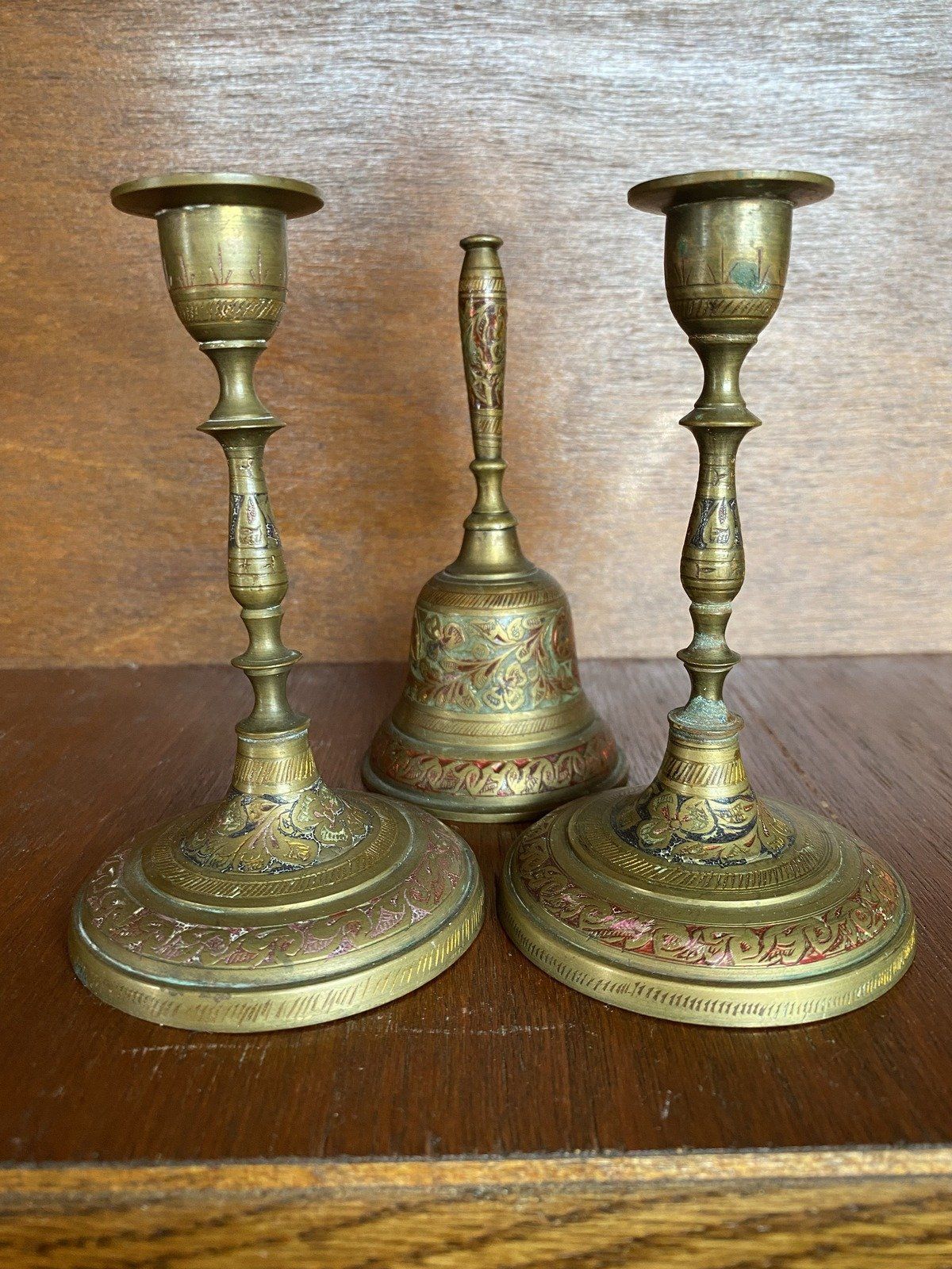 3pc Vintage Eastern Indian Enamel + Brass Altar Bell and Candle Set 3