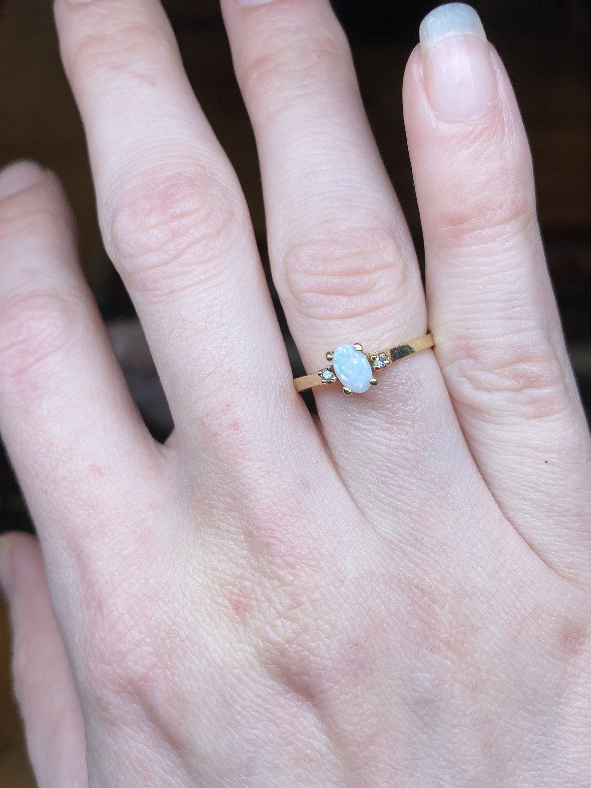 Minimalistic 10k Gold Oval Opal Diamond Flanked Ring 6