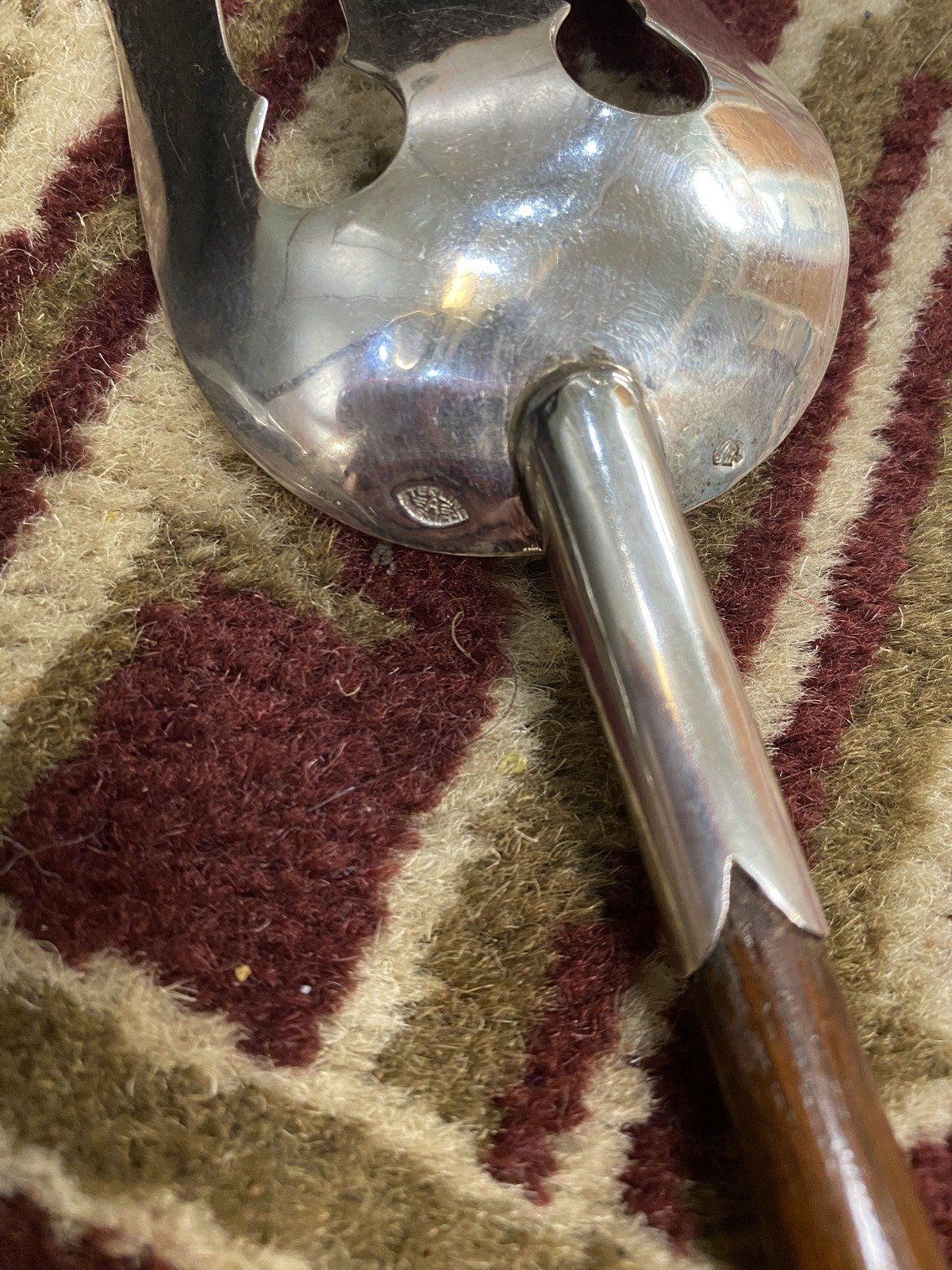 Pair of Primitive Wood Handle + Sterling Silver Salad Serving Utensils 5