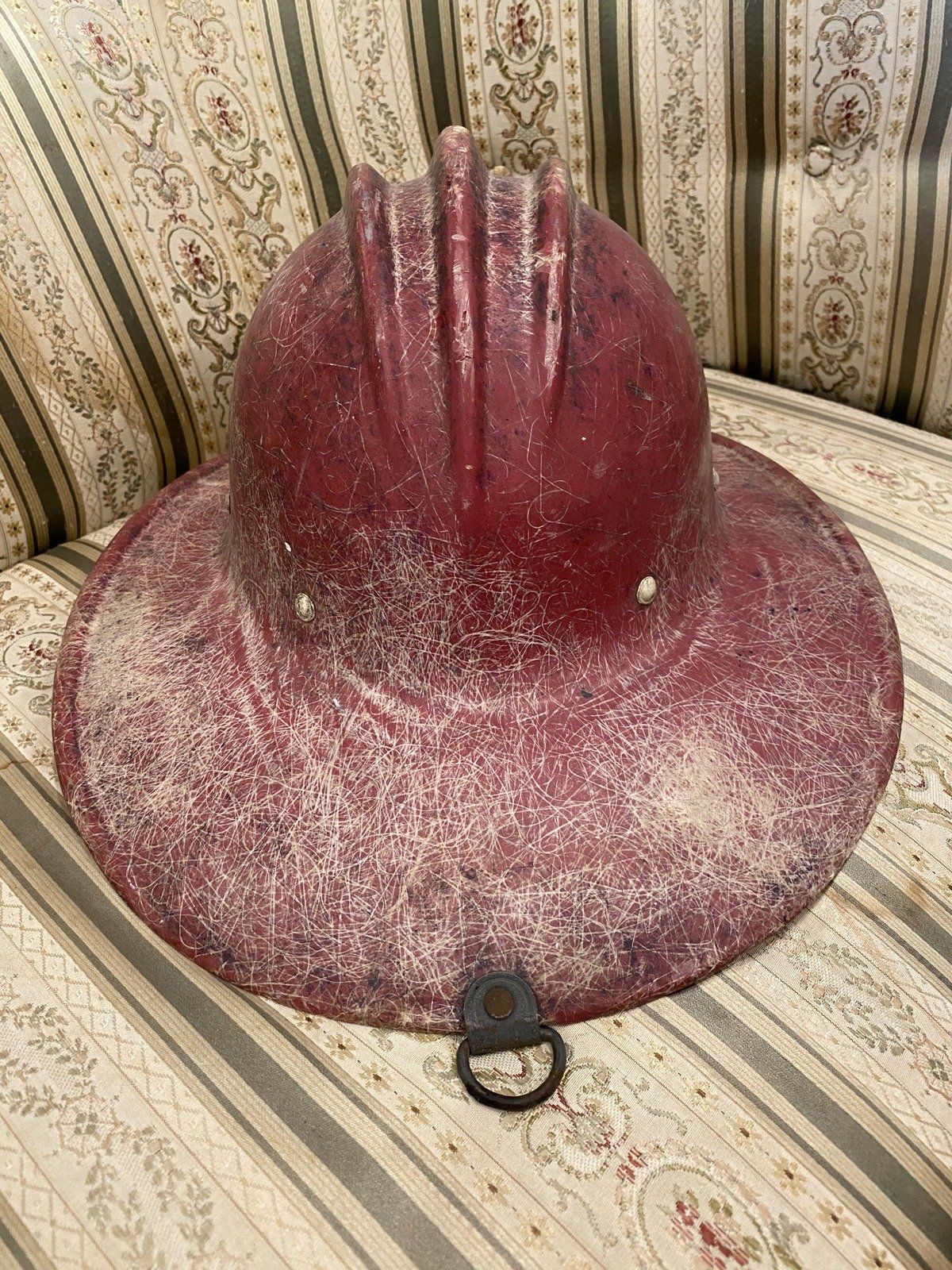 Vintage c.1970s/80s Red No.5 Fiberglass Fire Fighter Helmet w Personalized Interior Rim 7