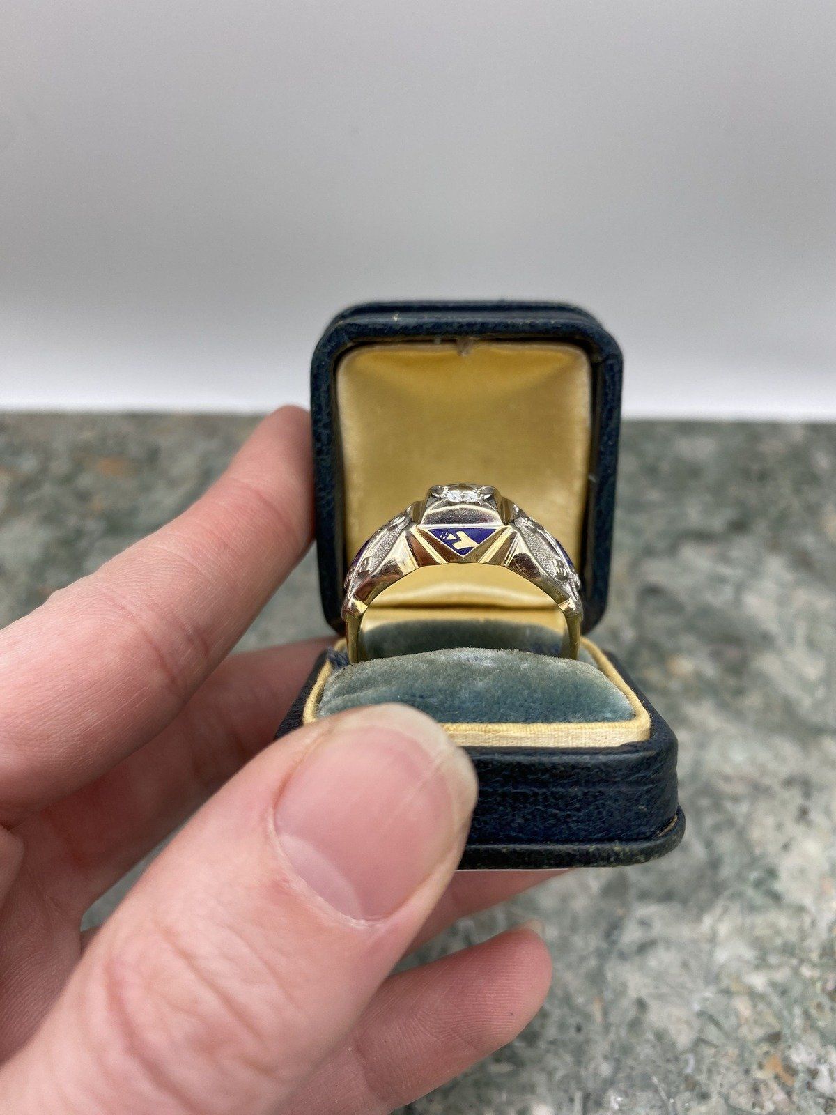 Men's Antique 14k Dual Gold Blue Enamel + .45ct Diamond Free Mason Grand Lodge Ring 3