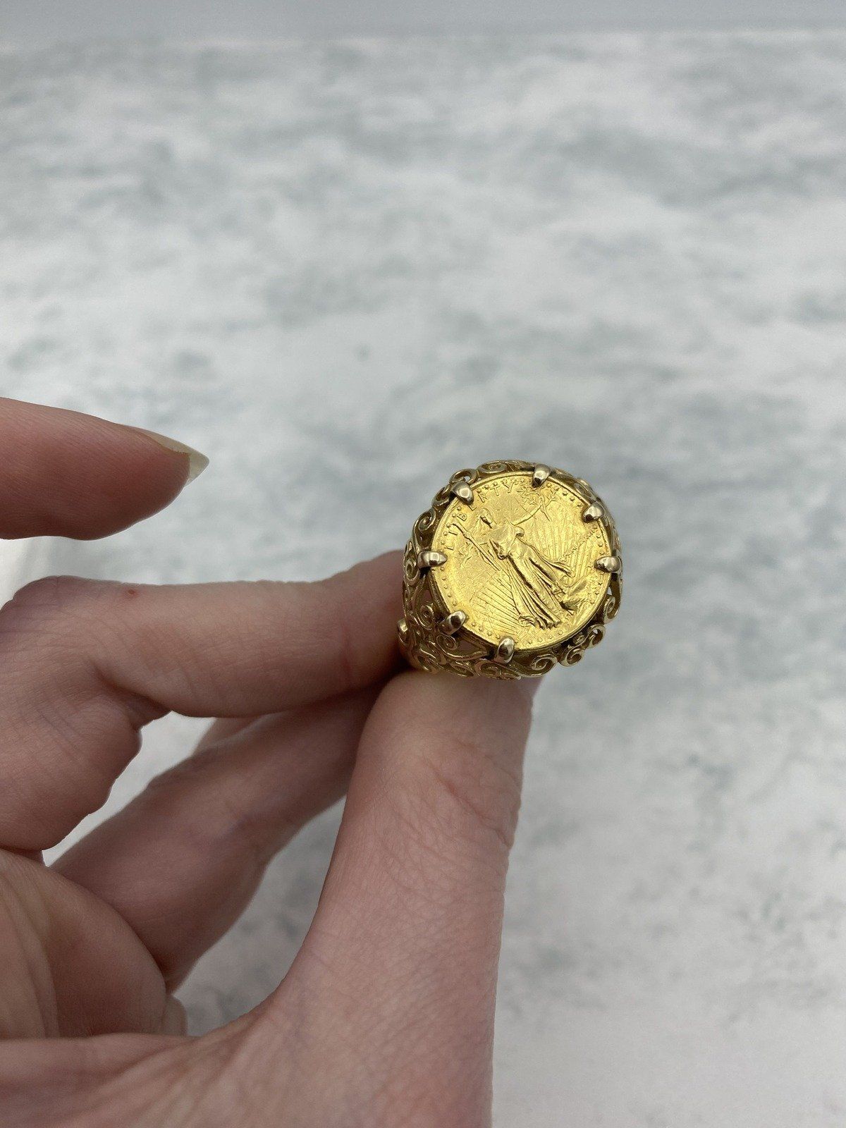 14K Gold Ring with 1/10 oz American Gold Eagle Coin Filigree Setting. Sz. 12.5 5