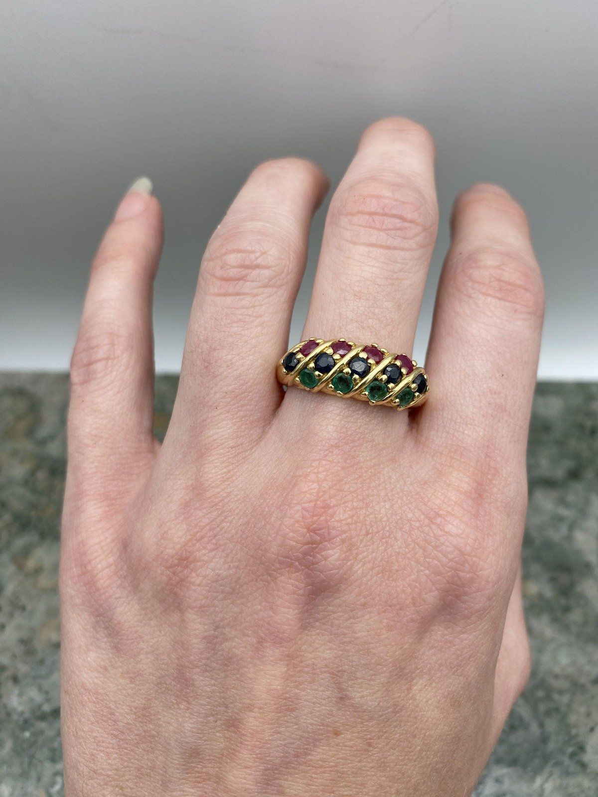 Vintage 14k Gold Trio Ruby + Emerald + Sapphire Ring Bombe Band #2794 5