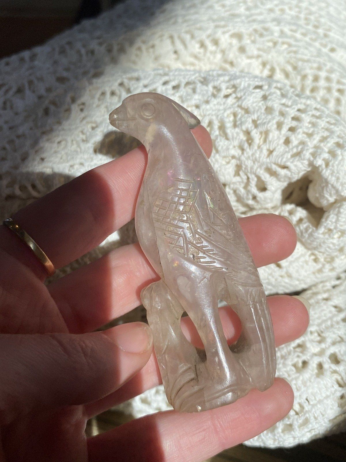 Hand Carved Rose Quartz Parrot/Cockatoo 6