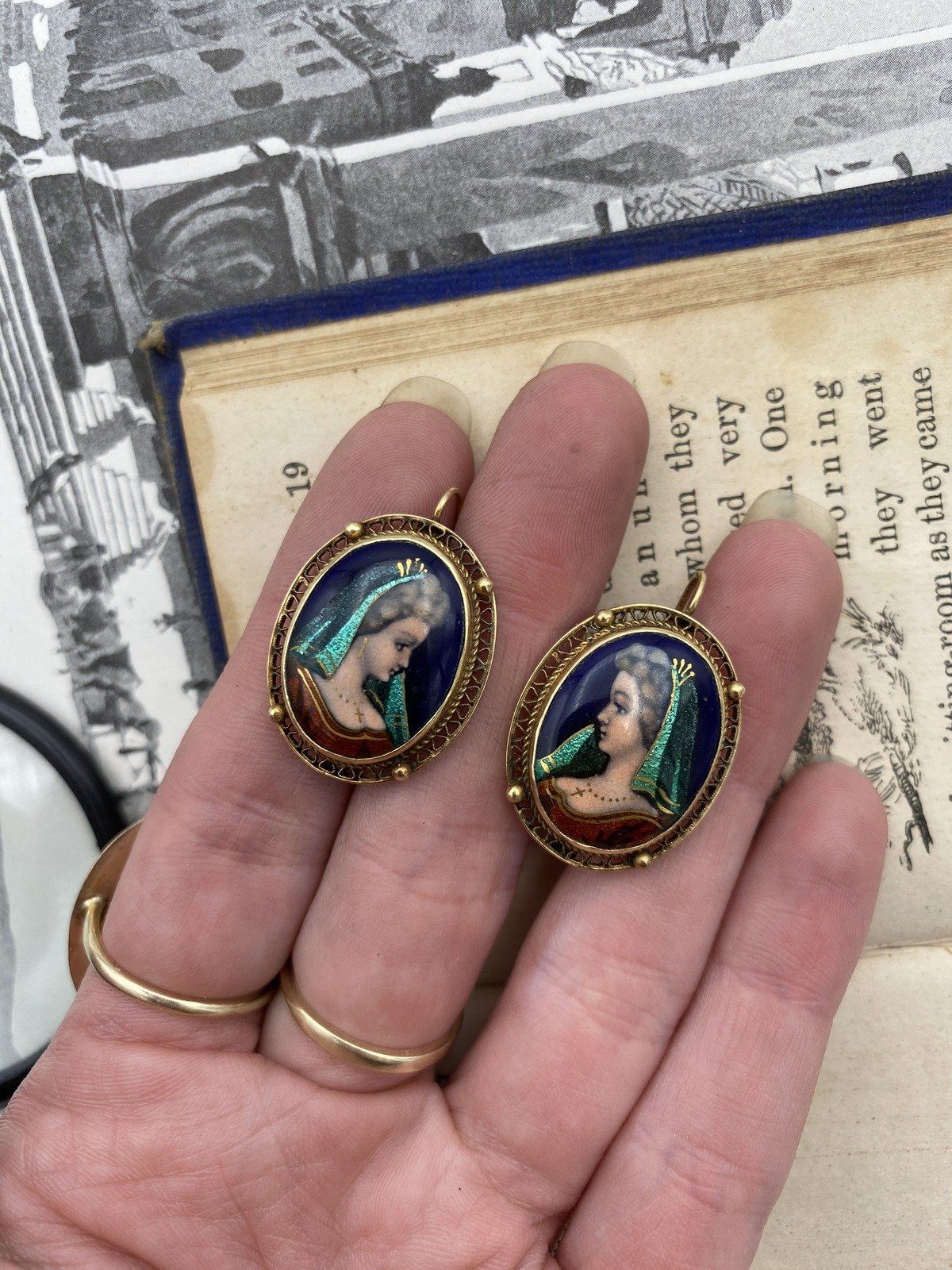 French Antique 14k Enameled Miniature Portrait Filigree Framed Drop Earrings 4