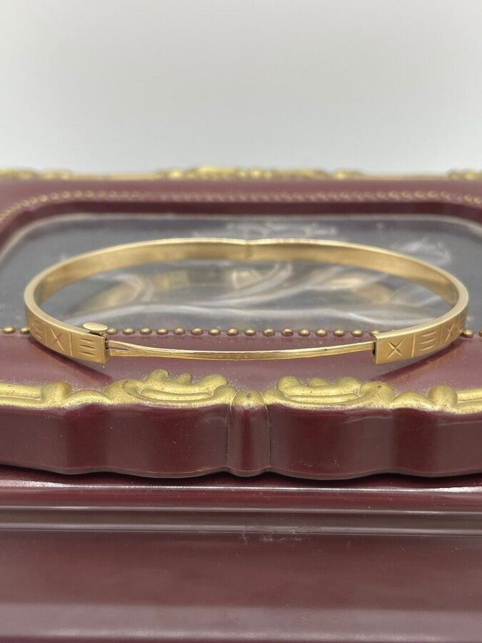 Matte 14k Gold Expansion 8 Bangle Bracelet w Tick + Stroke Block Etched Pattern #2952 4