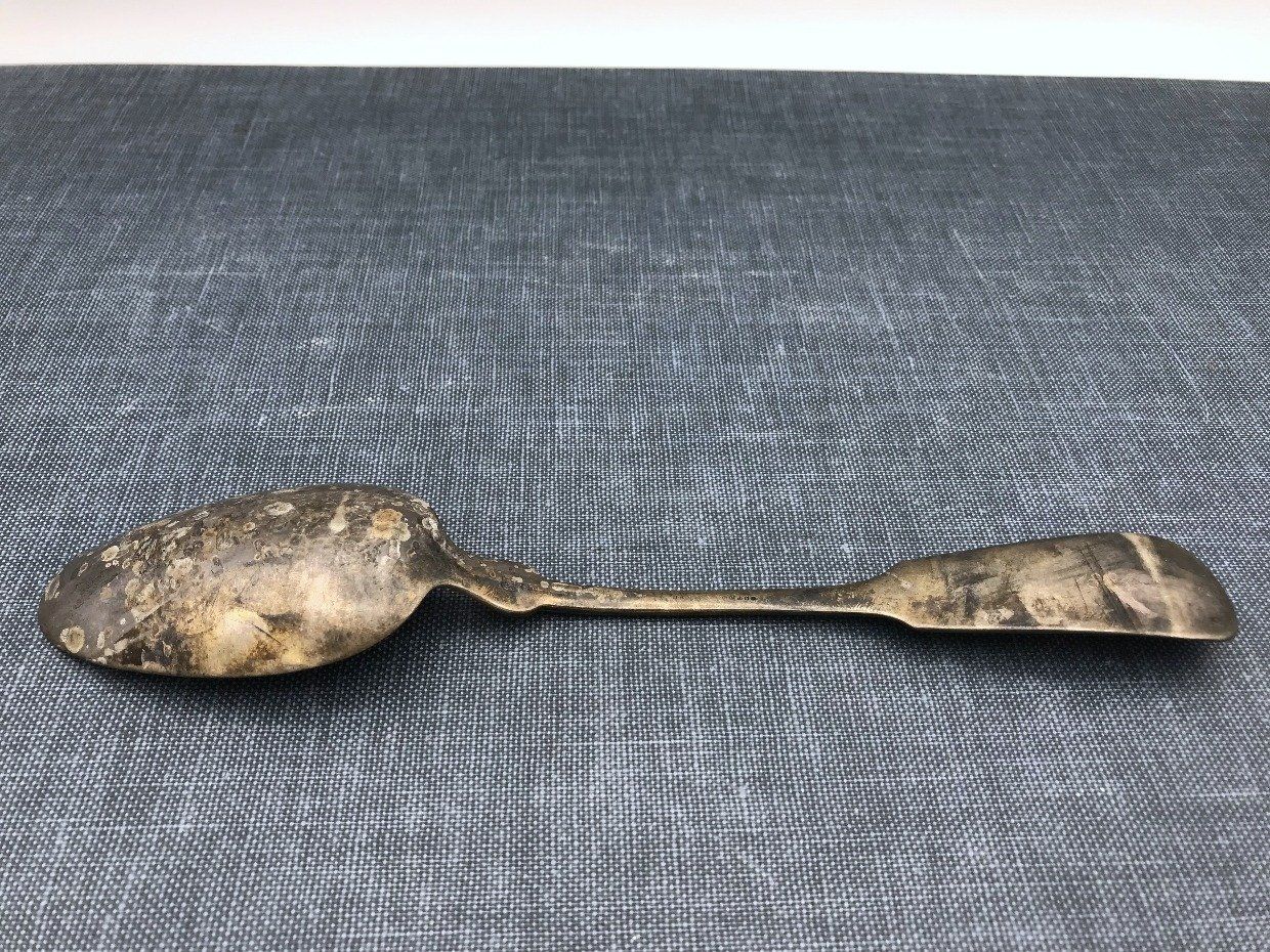 Antique 19th century c.1884 Daniel Low & Co. Sterling Silver Serving Spoon with Monogram + Hallmarks 2