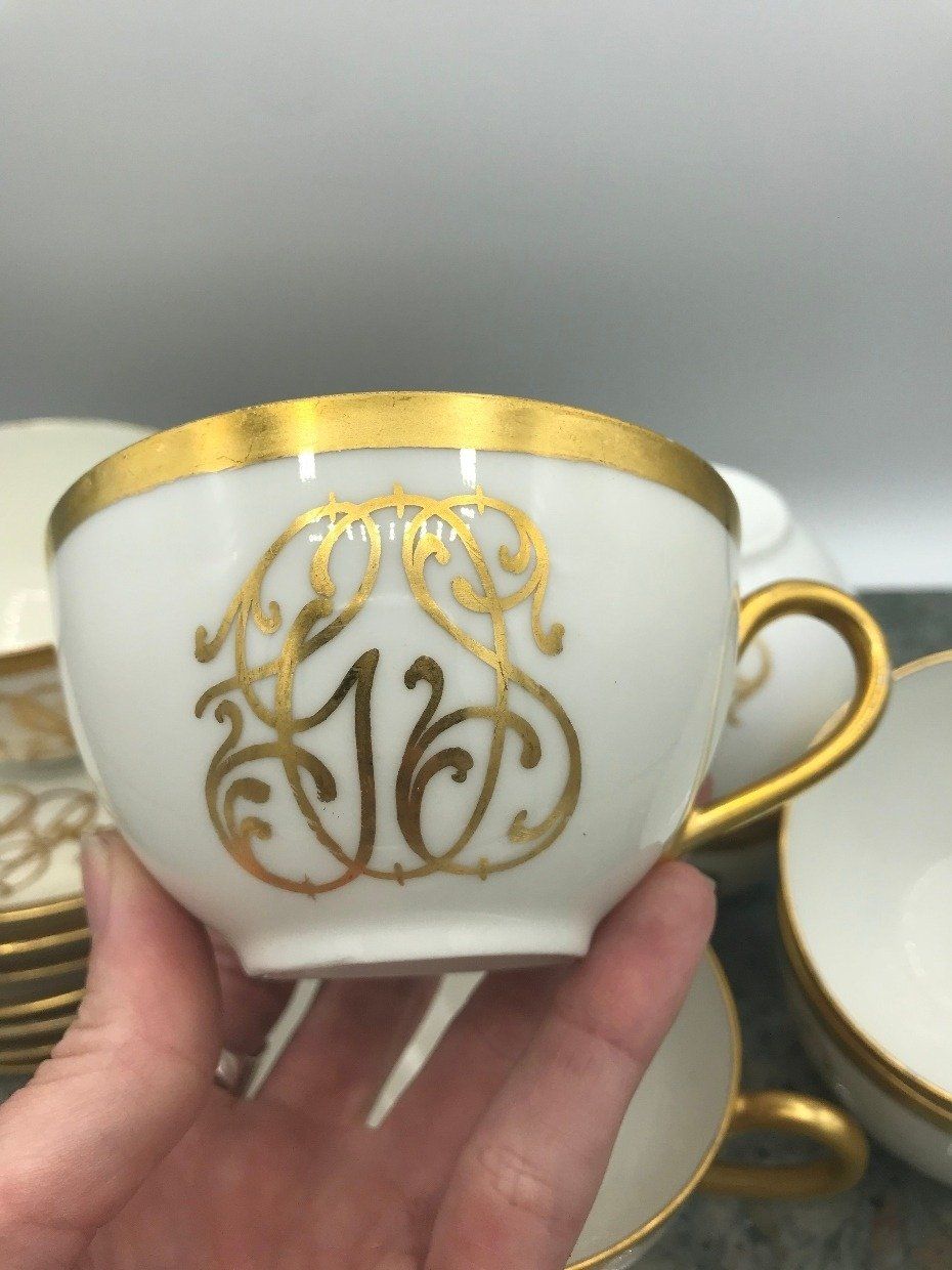 Regal Atq. Limoges Bone + Gold Rim Teacup & Saucer *SET* w Gold English Scripted Monogram