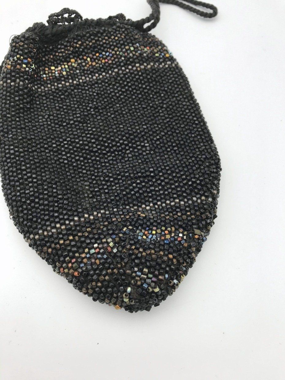 Antique Black Seed Bead Reticule Crochet Drawstring Bag w Iridescent Bead Accents 2