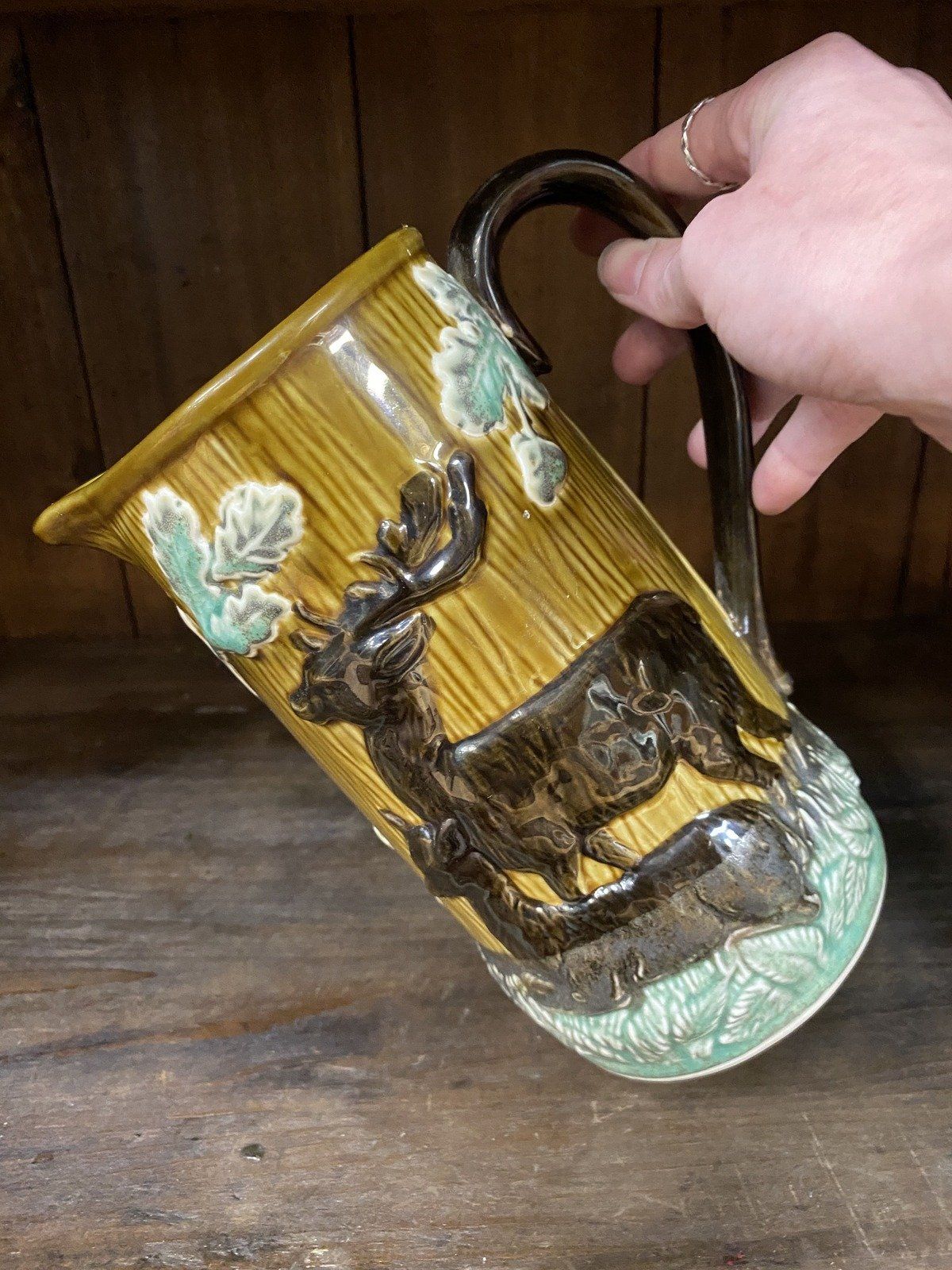 Antique Glazed Ceramic Hunter's Forest Majolica Pitcher 6