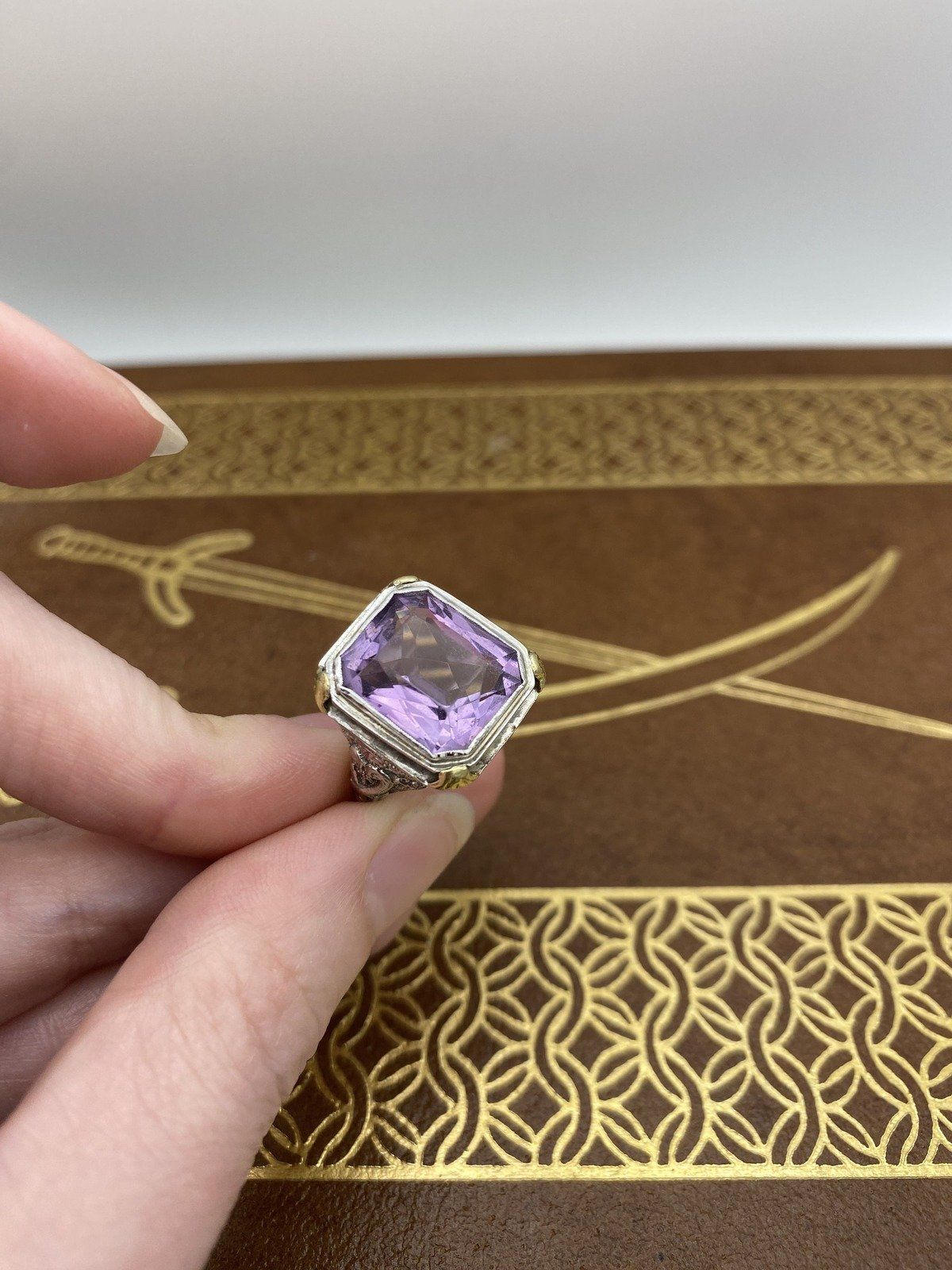 Antique 18k White Gold Large Filigree Art Deco c.1910s/20s Amethyst Cocktail Ring w Yellow Gold Details #2678 5