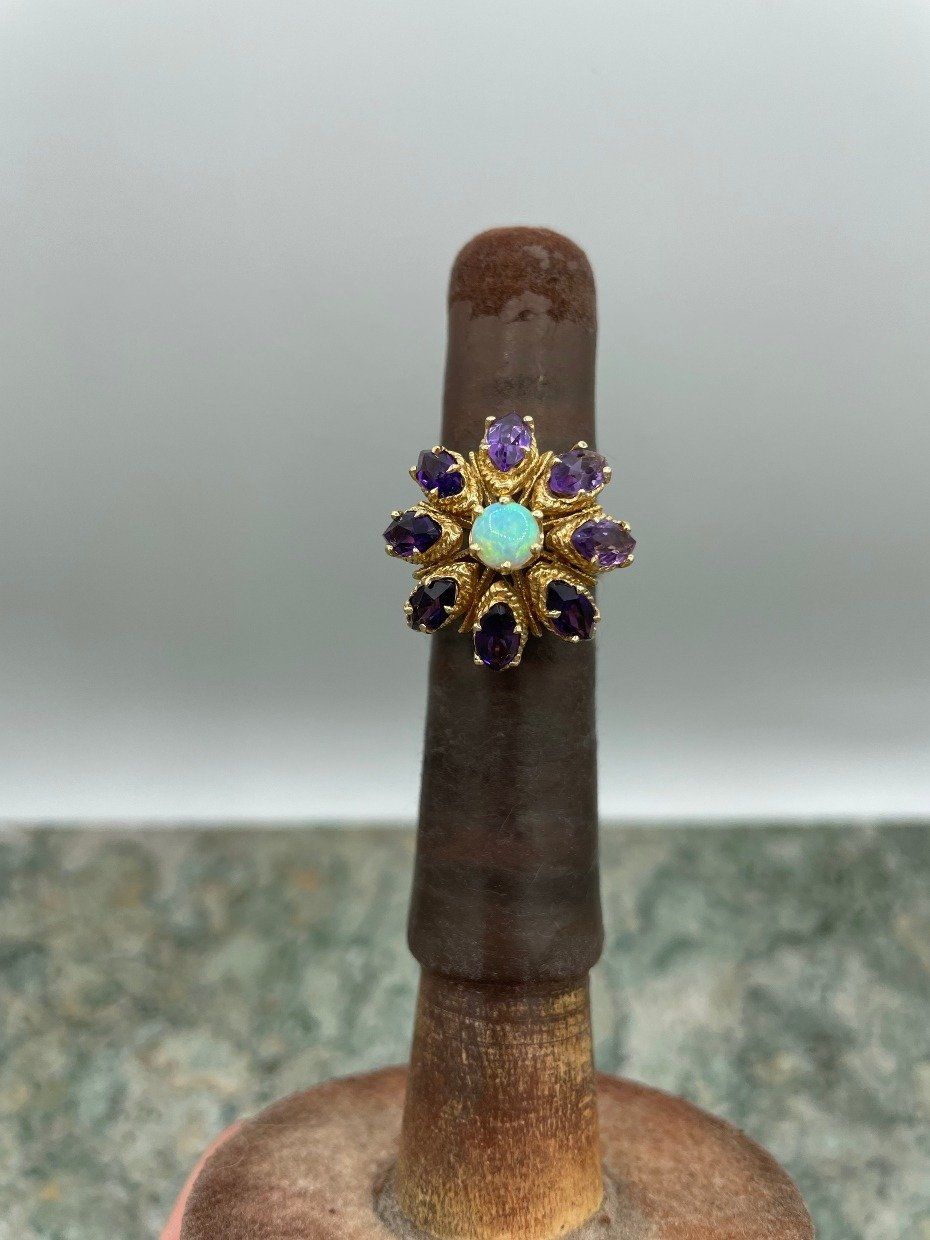 Antique Marquise Cut Deep Purple Amethyst + Opal Cluster Ring 4