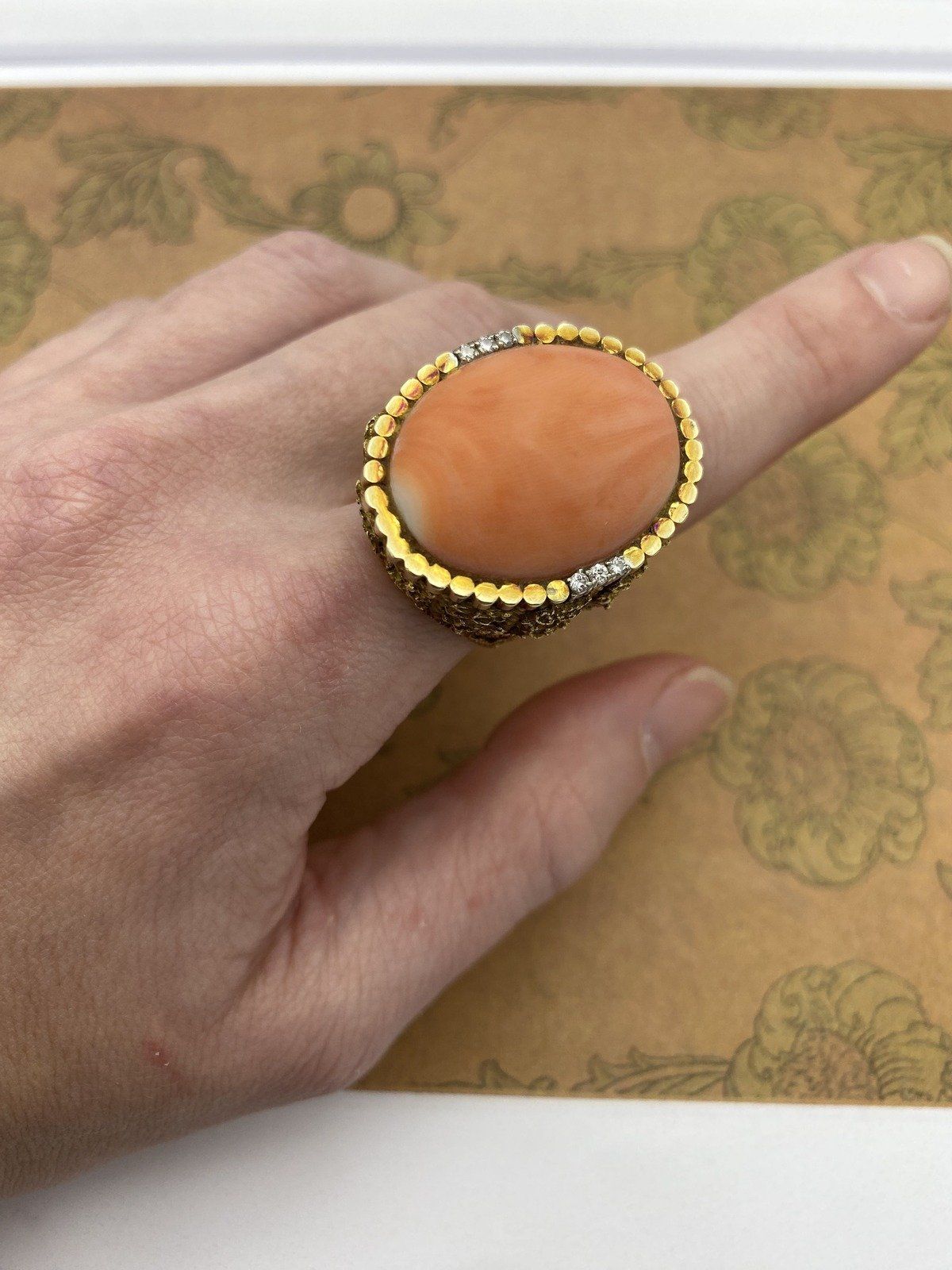 Near Antique c.1930s 14k Gold Nugget + Angel Skin Coral Regale Ring w Diamond Accents 4